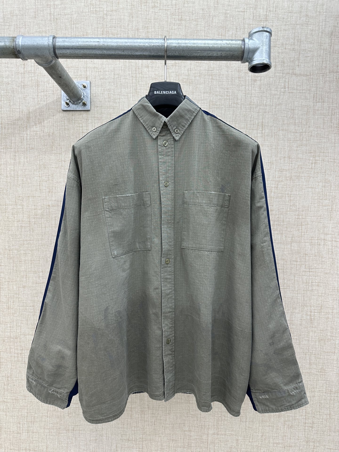 Balenciaga Olive Green Workwear Shirt with Blue Stripes, Distressed Finish