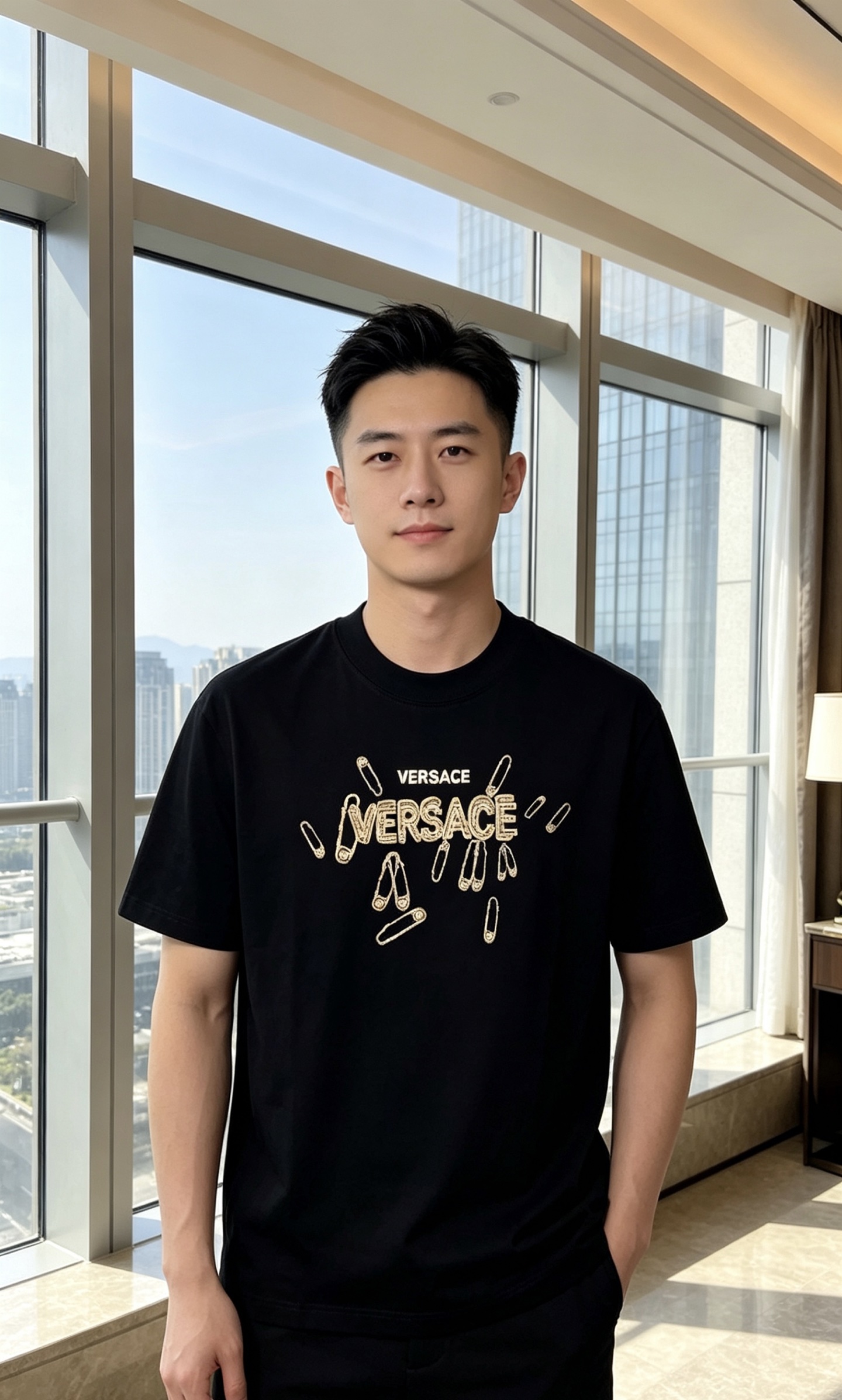 NO:847187,.Versace. Wear 200 pounds. 2026 spring and summer new fashionable round neck short-sleeved advanced customization versatile style!  It is more practical and can be easily controlled by anyone. It is made of pure cotton fabric and has a luxurious classic brand logo design. 1f is very classy and a must-buy for those who know the goods!  The tailoring is a slim fit. It is very delicate, shows aura, and highlights the sophistication of men. This is unique. It is just right for slim fit and the upper body effect is very good. Size m-3XL m wears 175/130, versace, T-shirt,19860909.范思哲.穿200斤.2026春夏新品时尚圆领短袖高级定制百搭款式！更有实用感 任何人都可以轻松驾驭 采用纯棉面料制作,奢华经典品牌logo设计,1f非常显档次懂货的必须入！版型剪裁属于修身款 非常精致,显气场,又会凸显男士的精致,这就是独到之处,恰到好处的修身,上身效果非常赞.尺码m-3XL m穿175/130,,versace,T-shirt,,Men's clothing