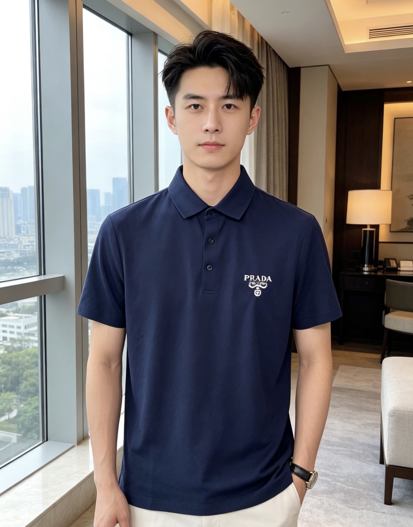 NO:848554,.Prada.26 new spring and summer men's logo polo shirt continues the classic Lao Qianfeng casual lapel polo shirt. This polo shirt is made of original counter fabrics, and the timeless design can transcend fashion trends. The classic style, the f brand LOGO is three-dimensional and unique, making the whole body more detailed. The fitted version, the fabric is made of cotton pique, which is comfortable, skin-friendly, and breathable. It is practical for daily commuting and leisure.  Highly recommended. Sizes m-4xL. Please state your height and weight when placing an order.,, prada,19860909.普拉达.26春夏新款男士标识polo衫,延续经典老钱枫休闲翻领POLO恤.该款Polo衫采用原版专柜面料制成,隽永设计可跨越时尚潮流.经典款型,f品牌LOGO立体别致,让整体更具细节感 合体的版型,面料采用全棉珠地料,舒适,亲肤,透气好,平时通勤休闲都很实穿的一款 强烈推荐.尺码m-4xL.下单报身高体重.,,prada,,Men's clothing