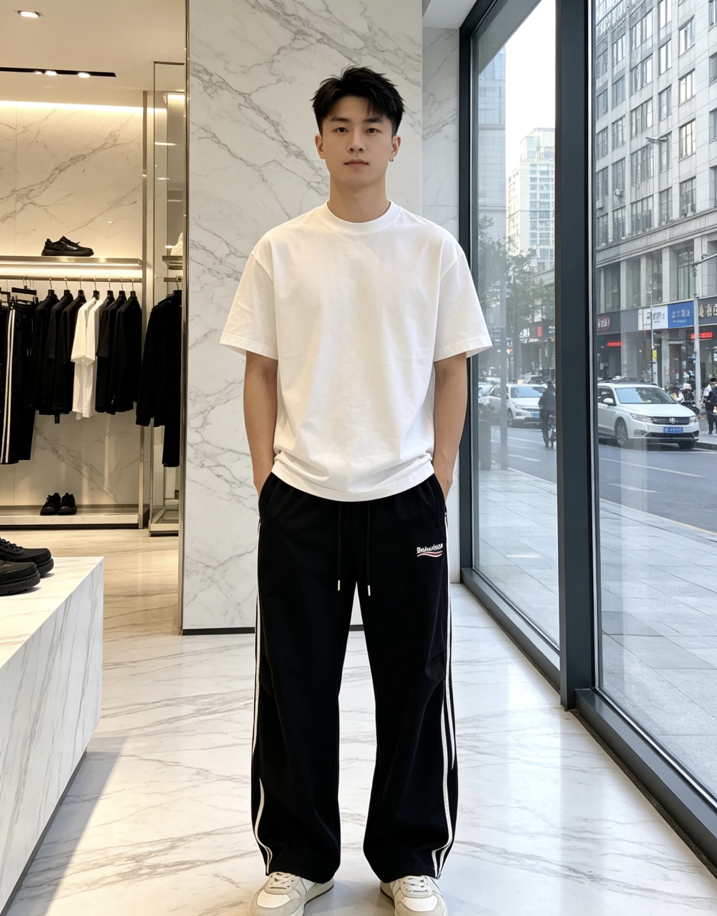 巴黎世家。26年春夏专柜新品同步上市。原单订制高品质时尚休闲裤。超级百搭款。独家定制面料，手感细腻柔软，