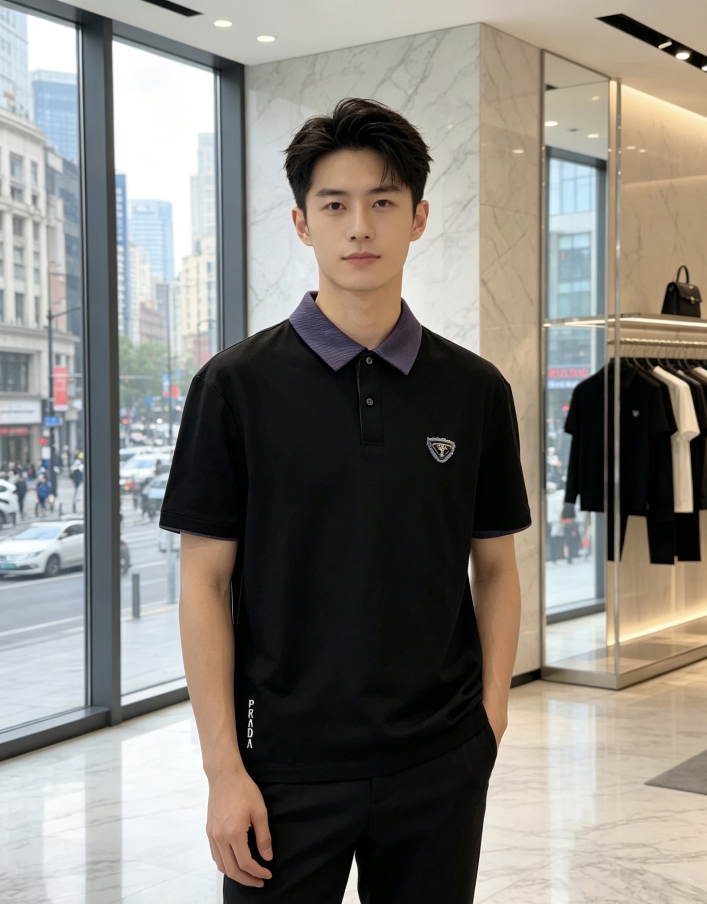 普拉达 26春夏新款男士标识Polo衫，延续经典老钱枫休闲翻领POLO恤.该款Polo衫采用原版专柜面料