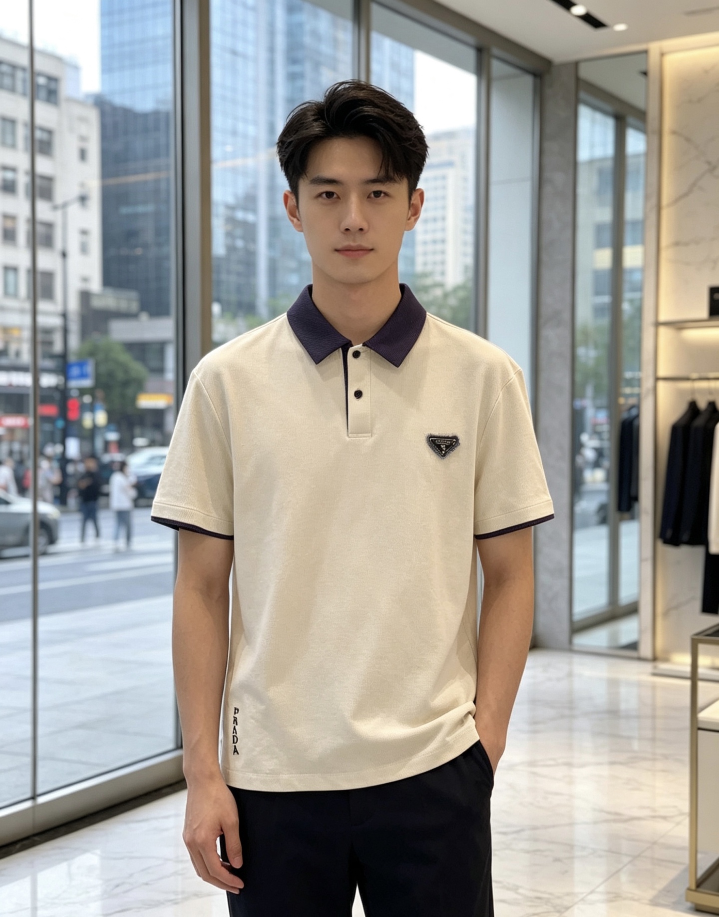 普拉达 26春夏新款男士标识Polo衫，延续经典老钱枫休闲翻领POLO恤.该款Polo衫采用原版专柜面料