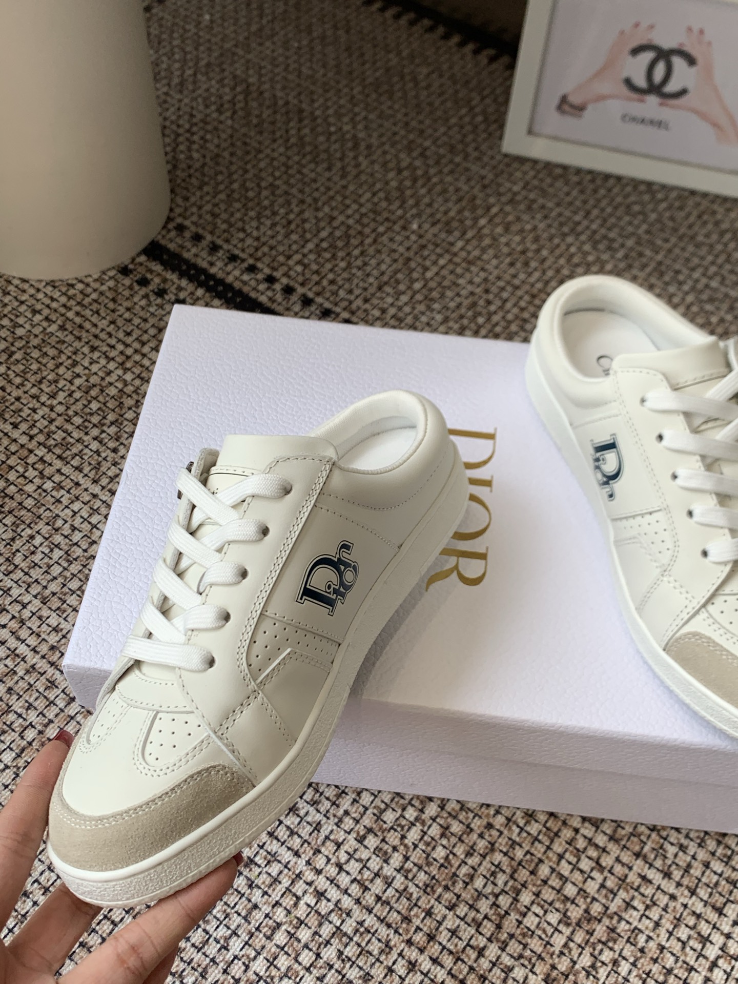 dior white star open heel sneakers