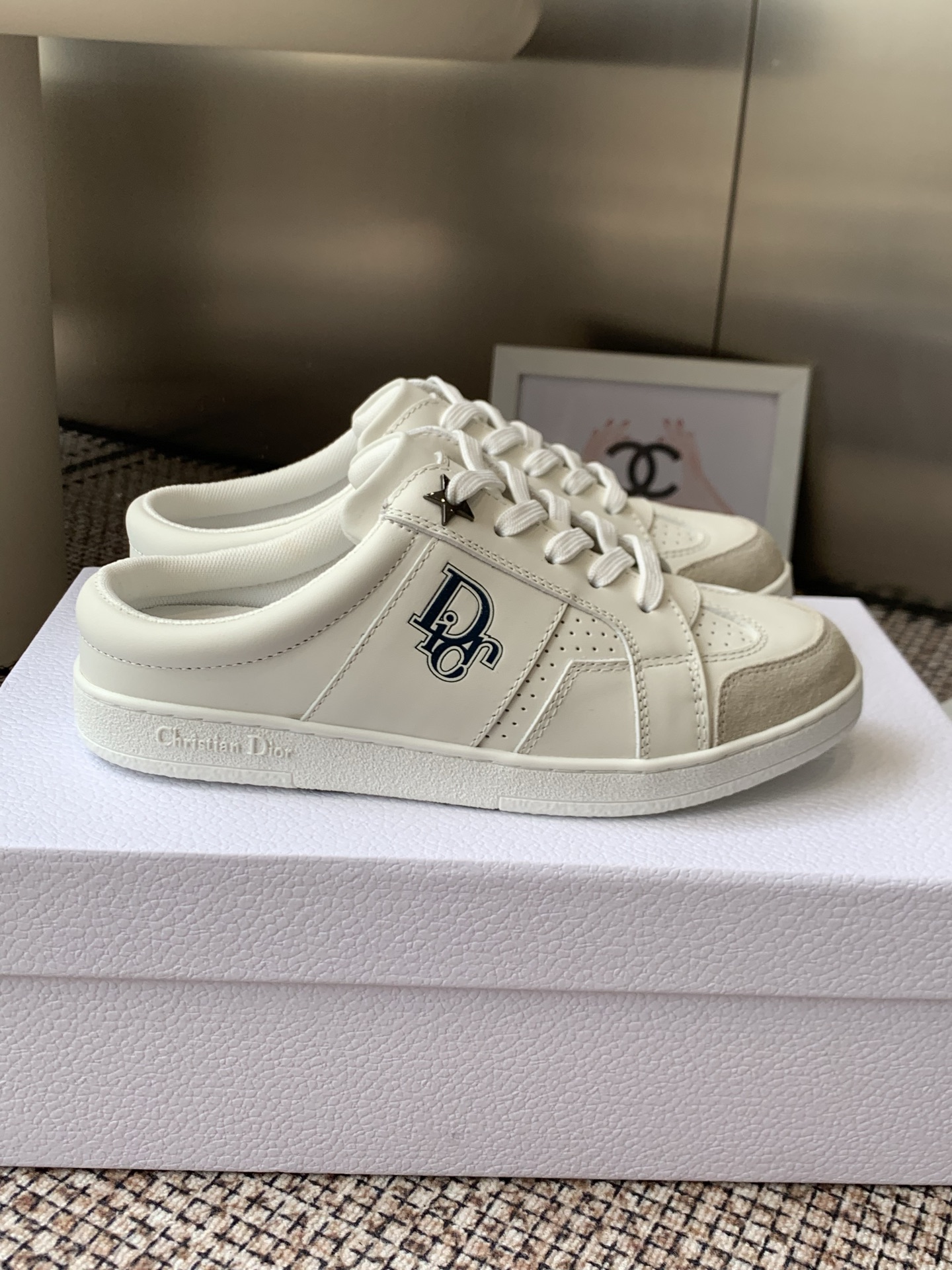 dior white star open heel sneakers