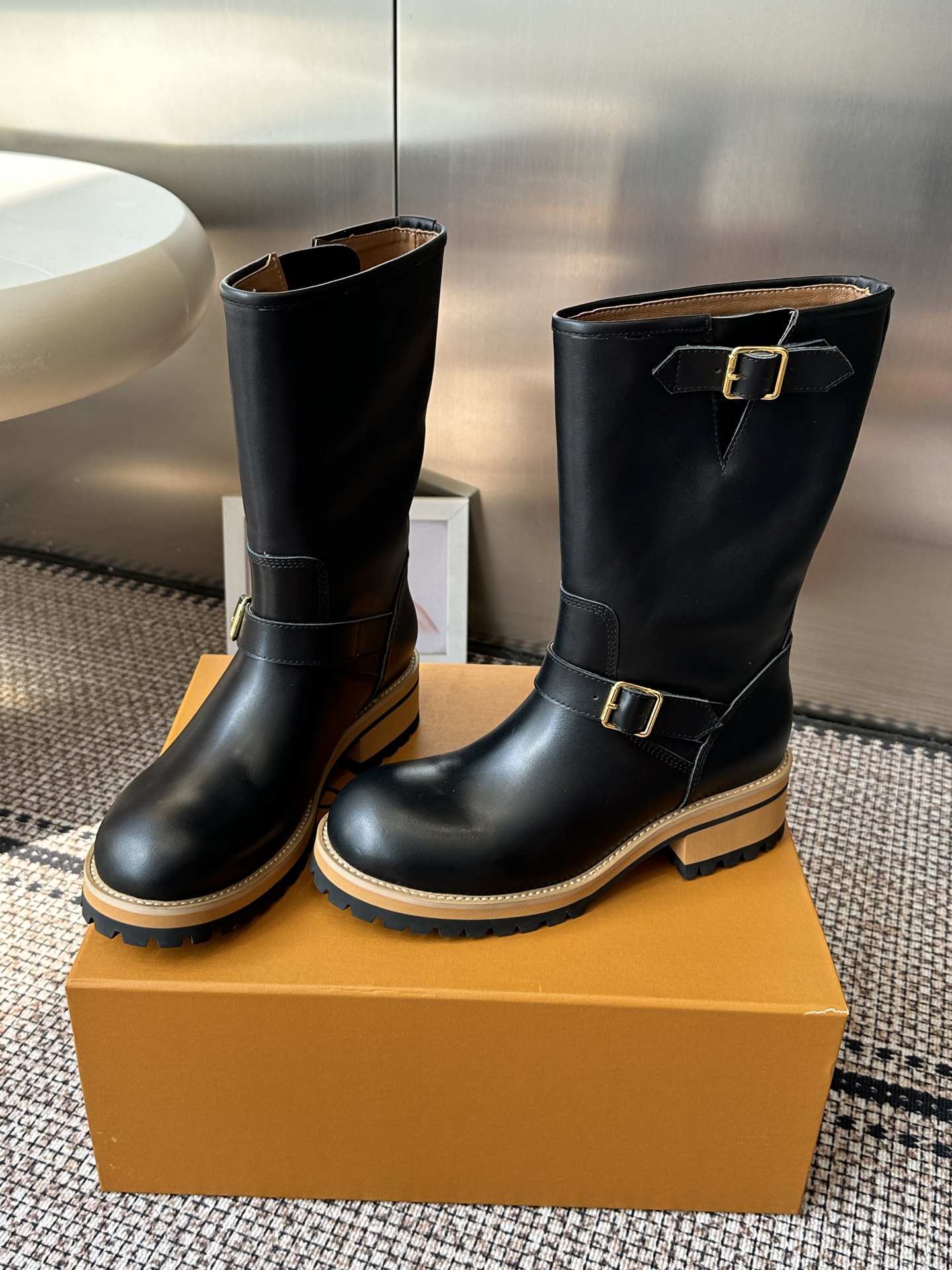 Louis Vuitton Black Leather Buckle Engineer Boots