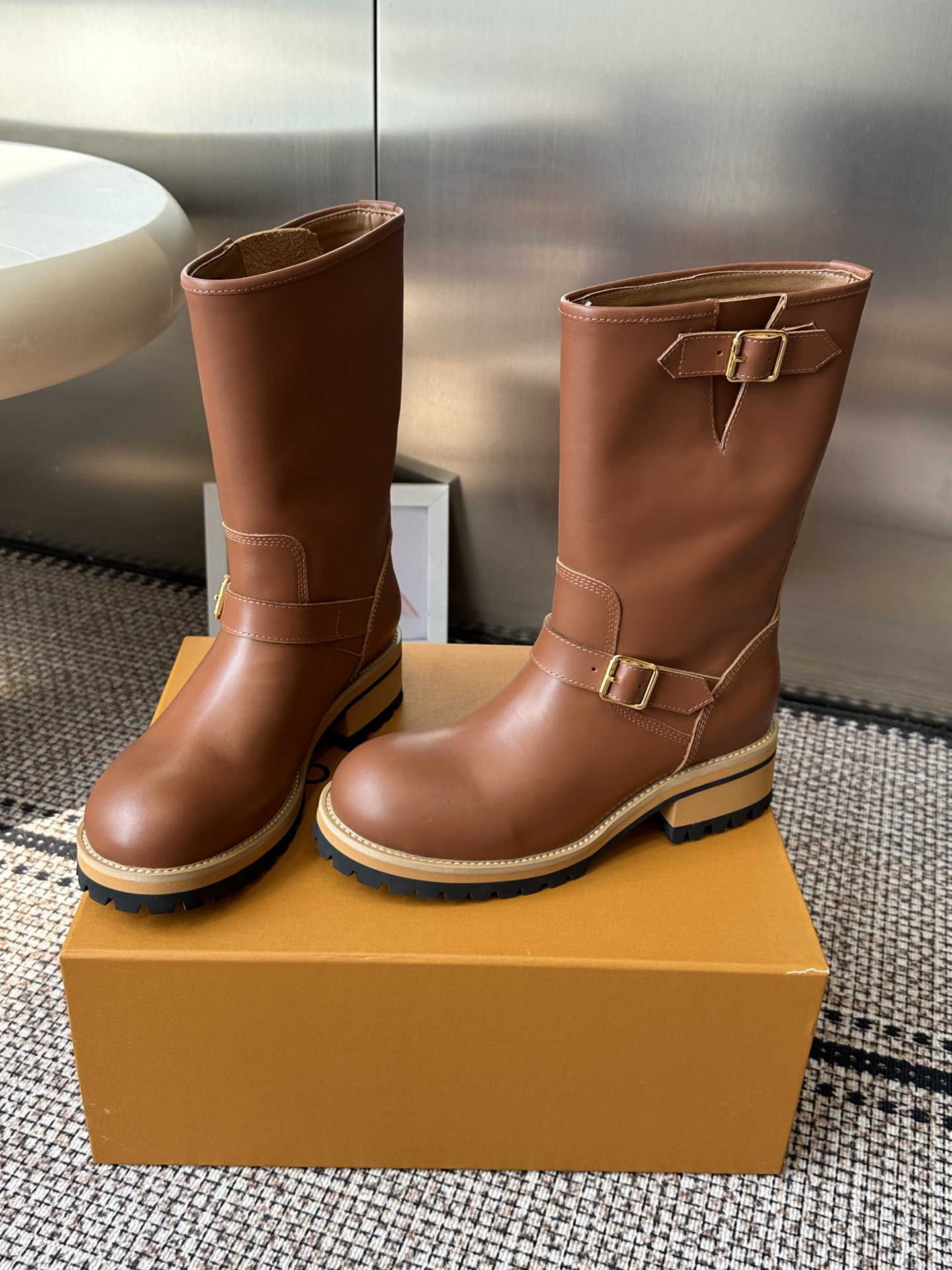 Louis Vuitton Tan Leather Buckle Engineer Boots