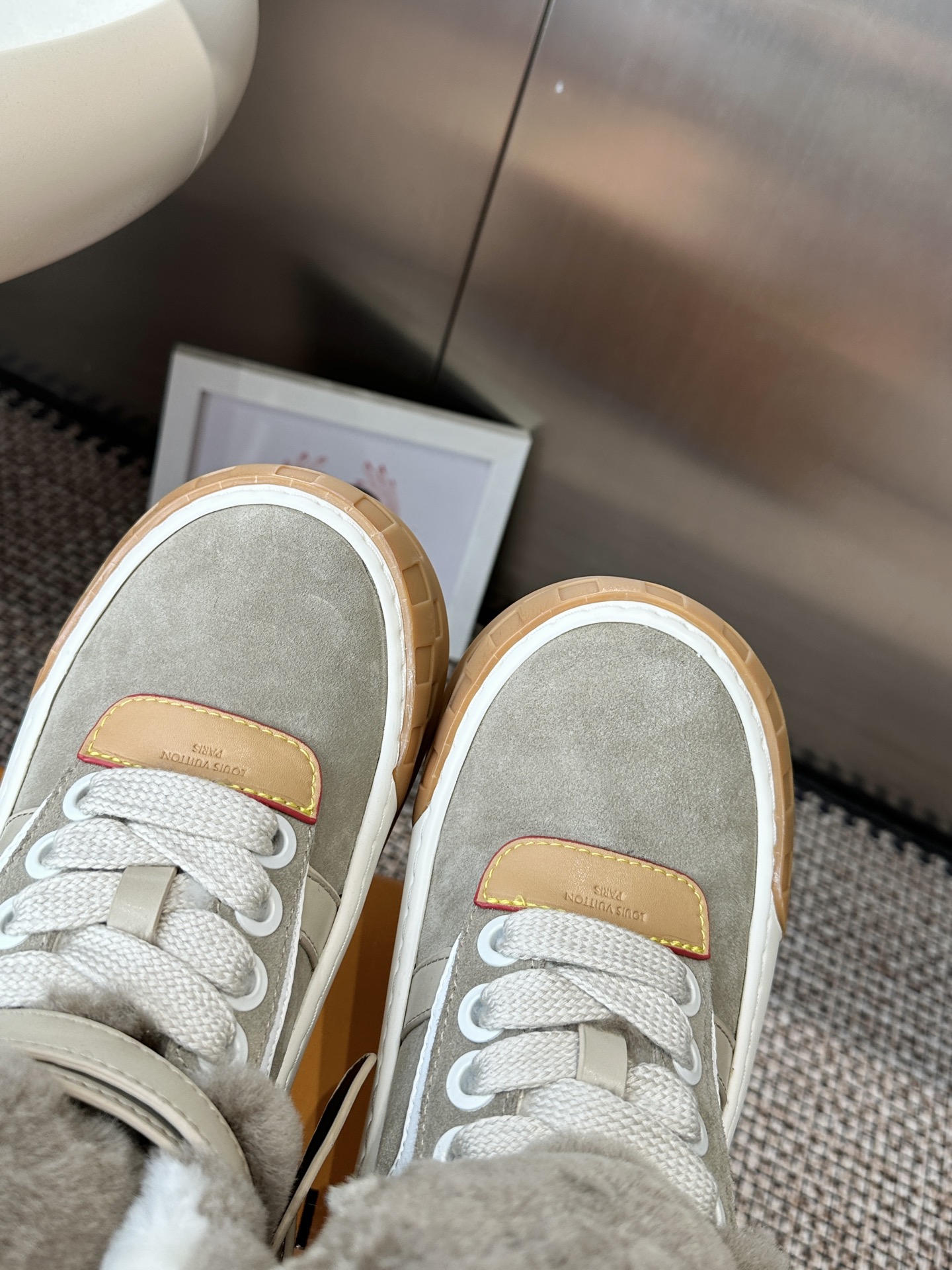 Louis Vuitton Gray Shearling High Top Sneakers