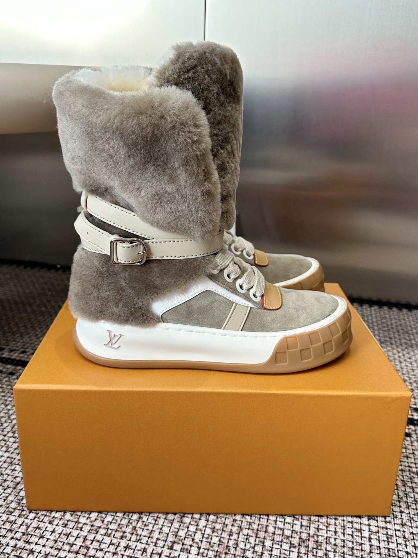 Louis Vuitton Gray Shearling High Top Sneakers