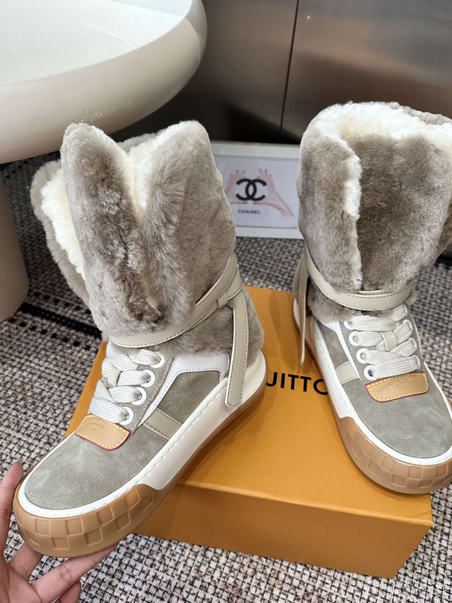 Louis Vuitton Gray Shearling High Top Sneakers