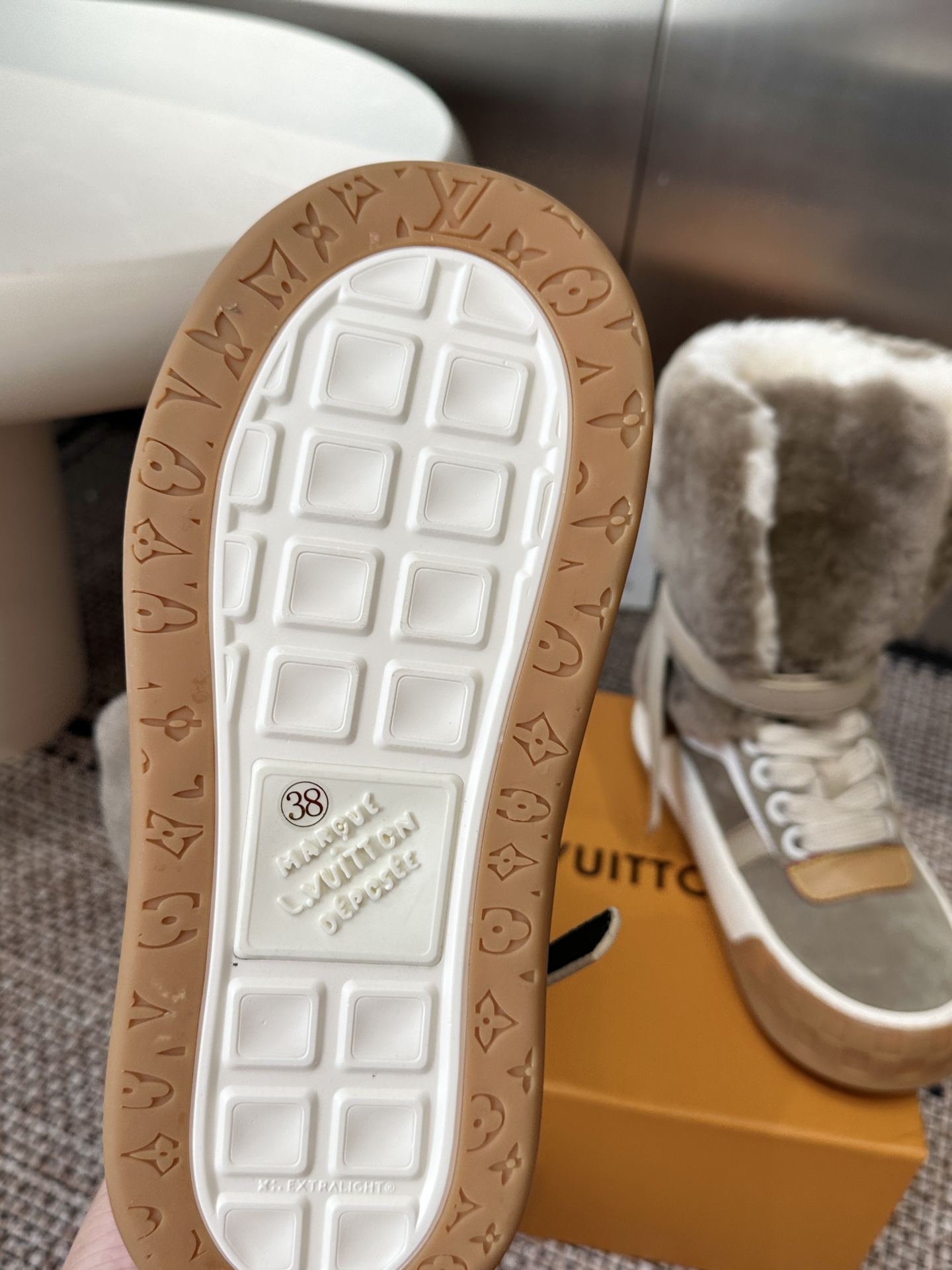 Louis Vuitton Gray Shearling High Top Sneakers