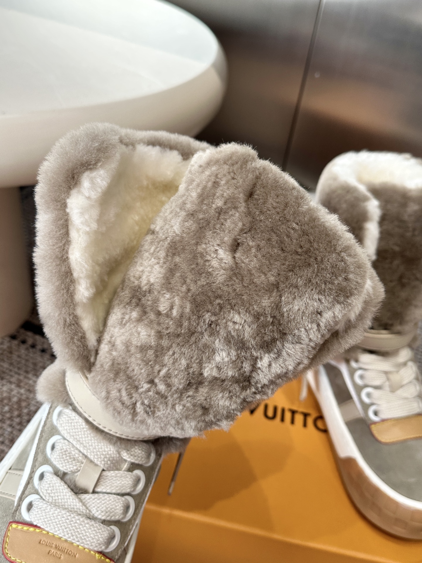 Louis Vuitton Gray Shearling High Top Sneakers