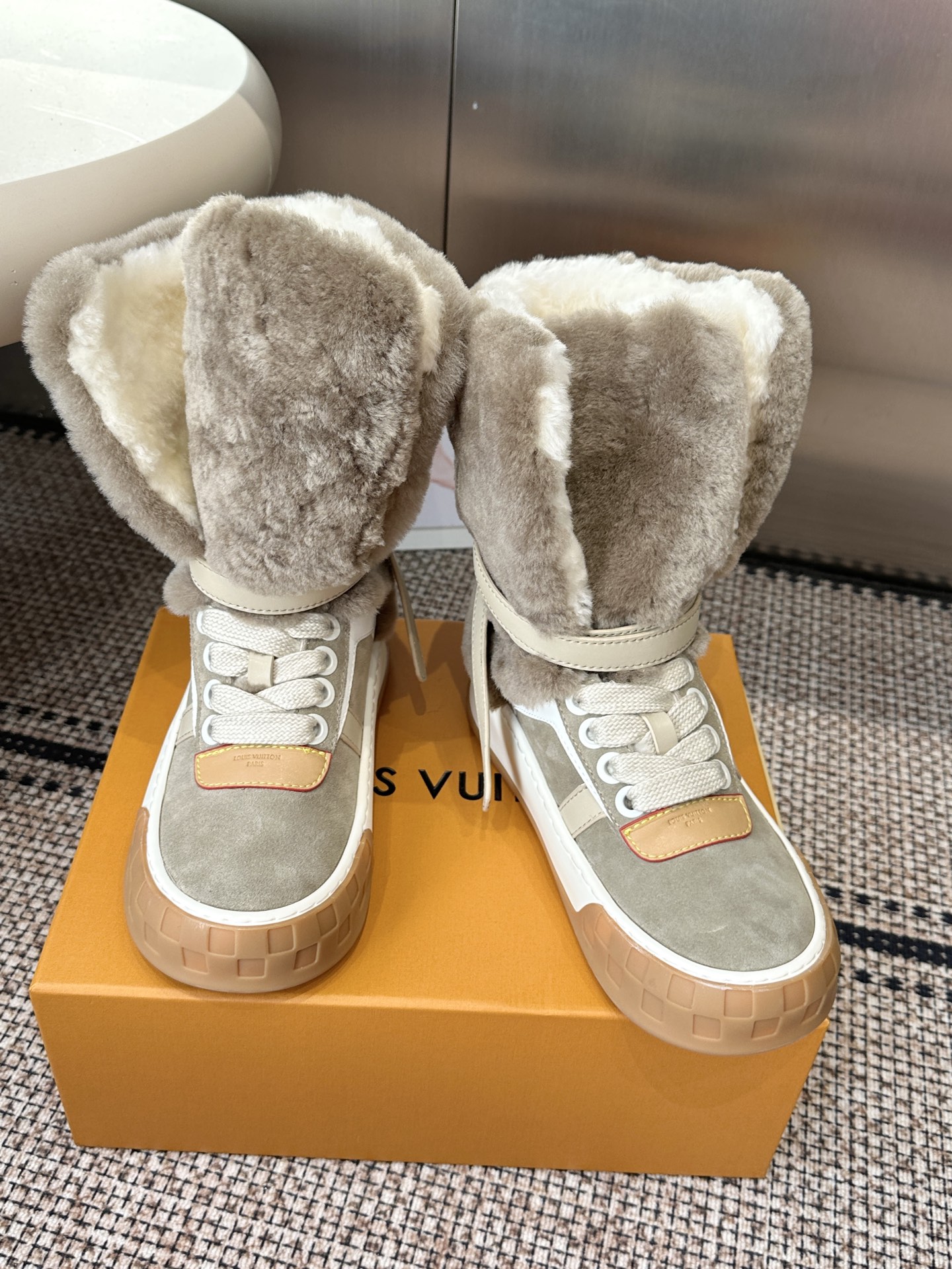 Louis Vuitton Gray Shearling High Top Sneakers