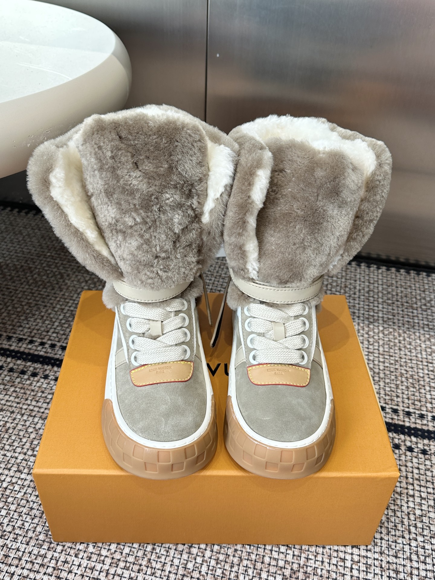 Louis Vuitton Gray Shearling High Top Sneakers