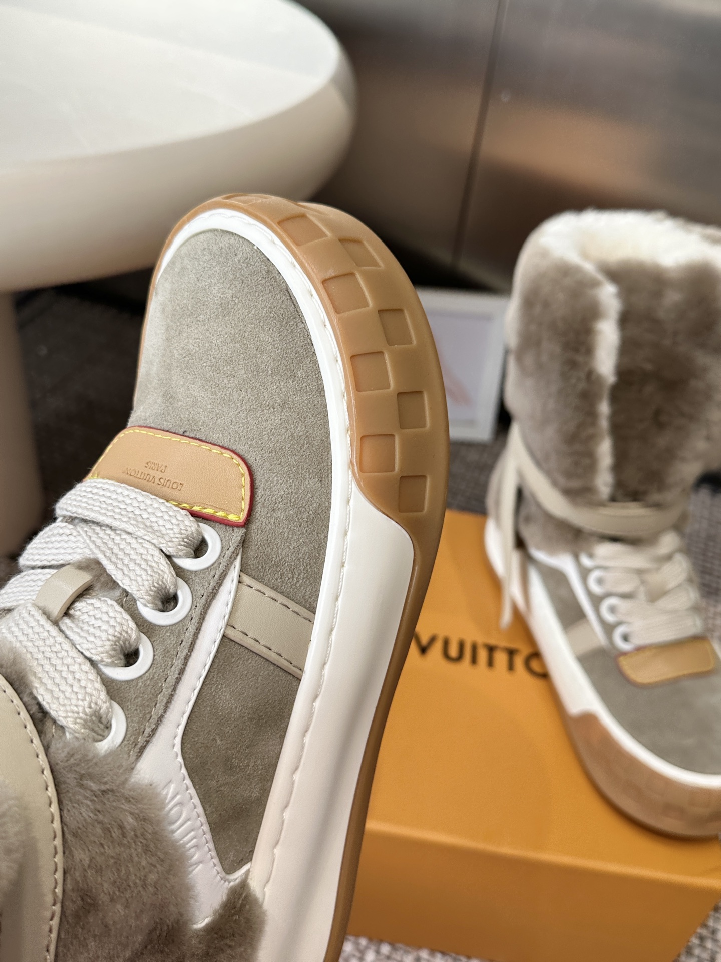Louis Vuitton Gray Shearling High Top Sneakers