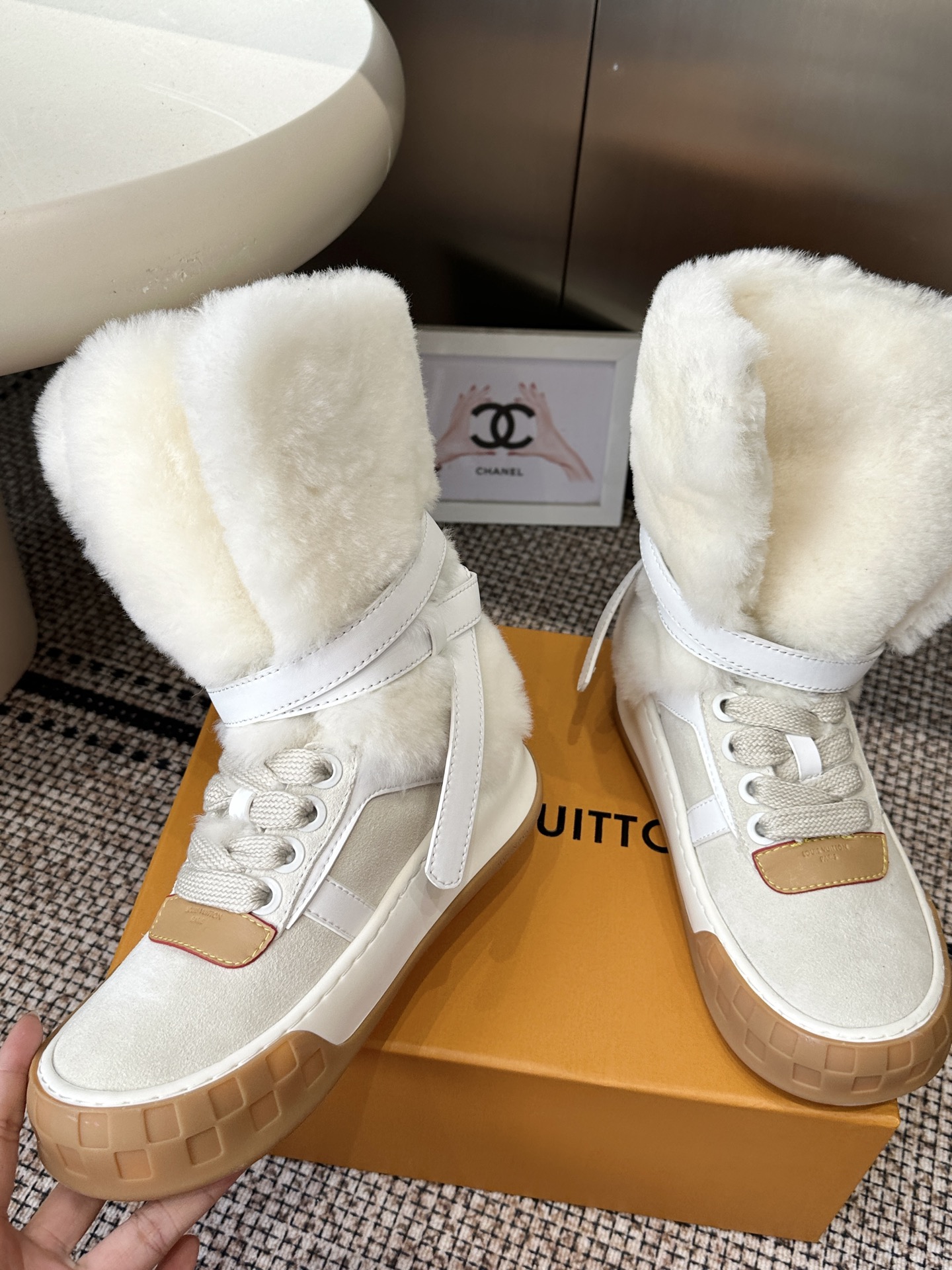 Louis Vuitton White Shearling High Top Sneakers