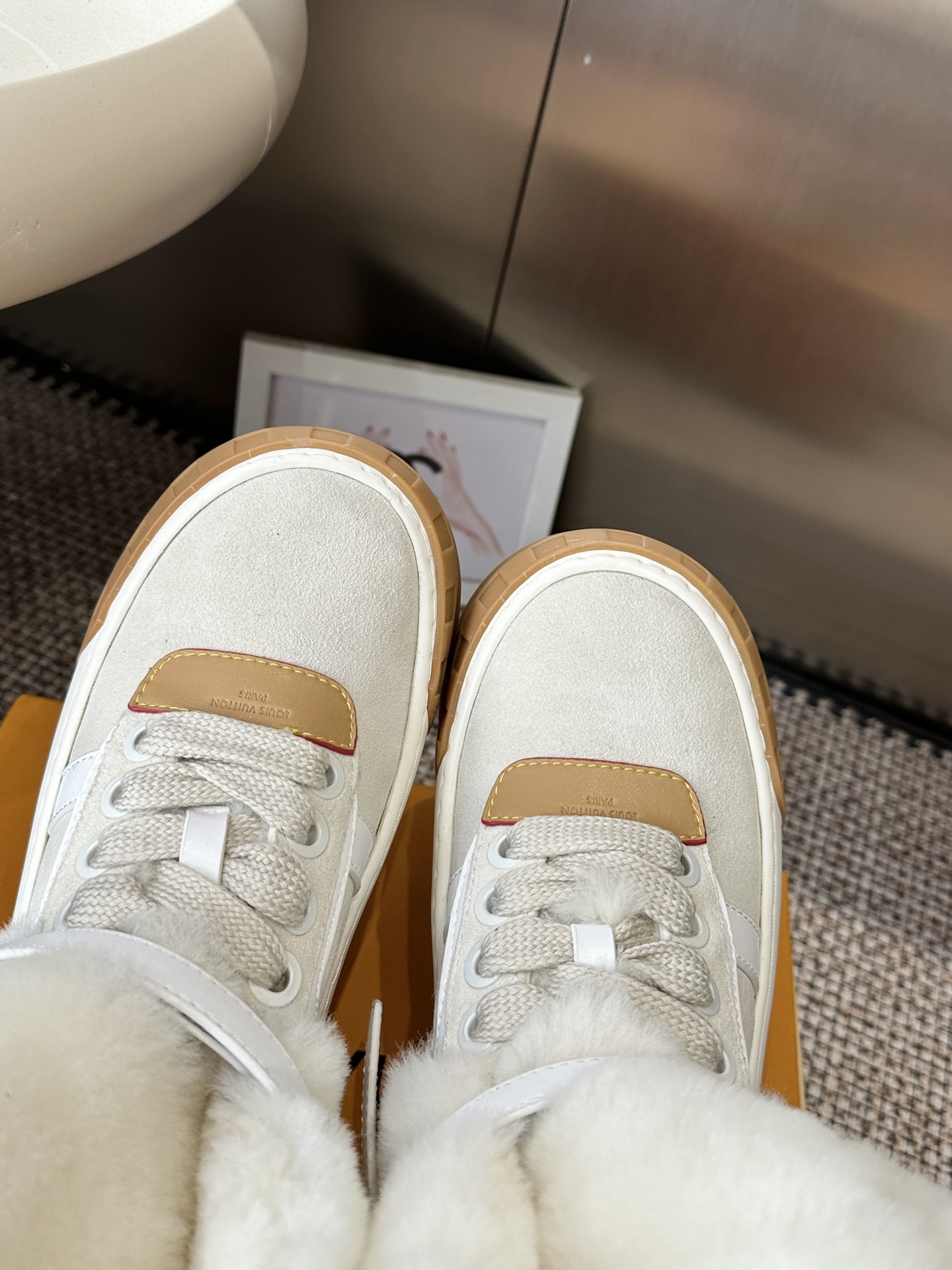 Louis Vuitton White Shearling High Top Sneakers