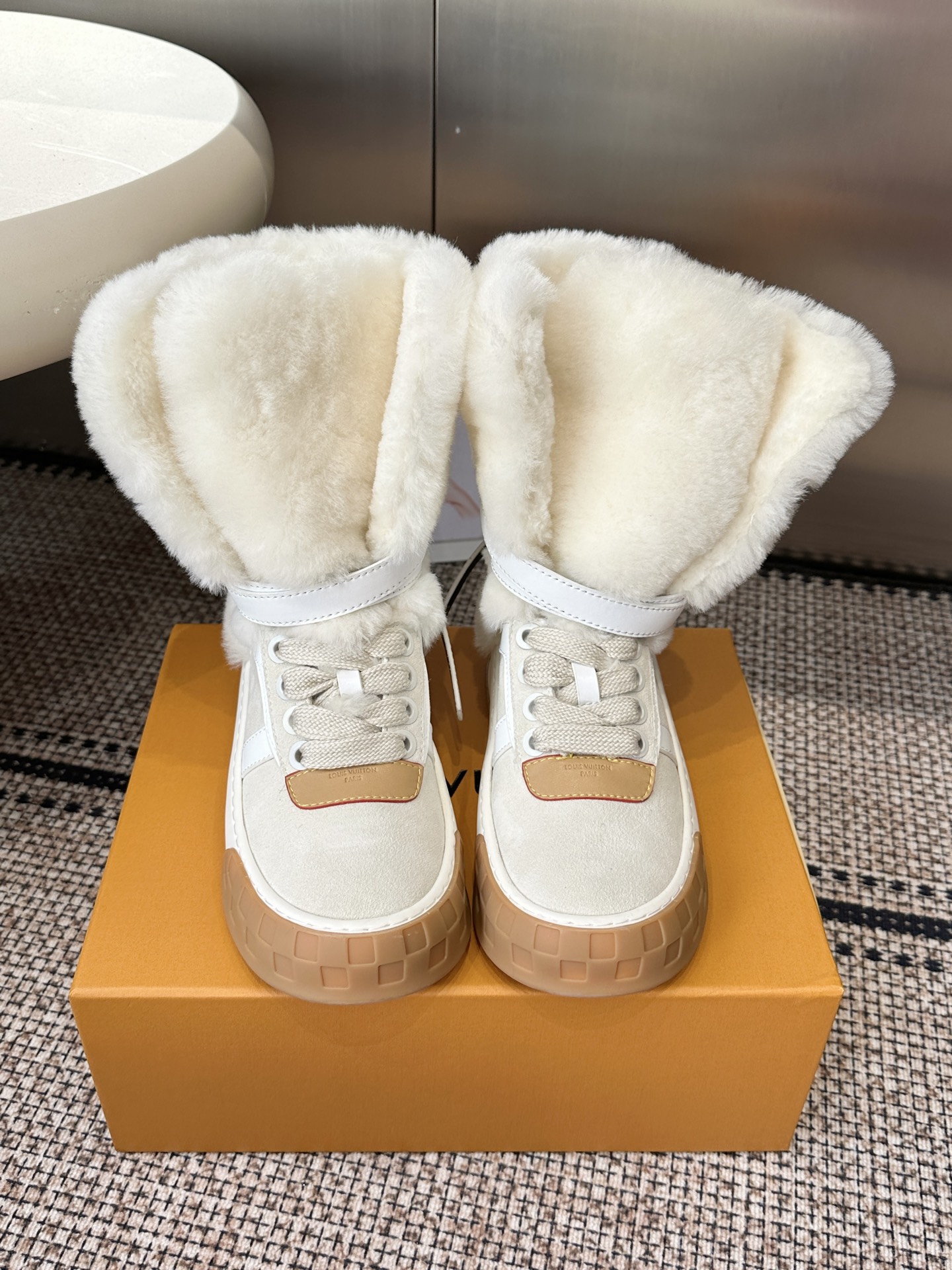 Louis Vuitton White Shearling High Top Sneakers