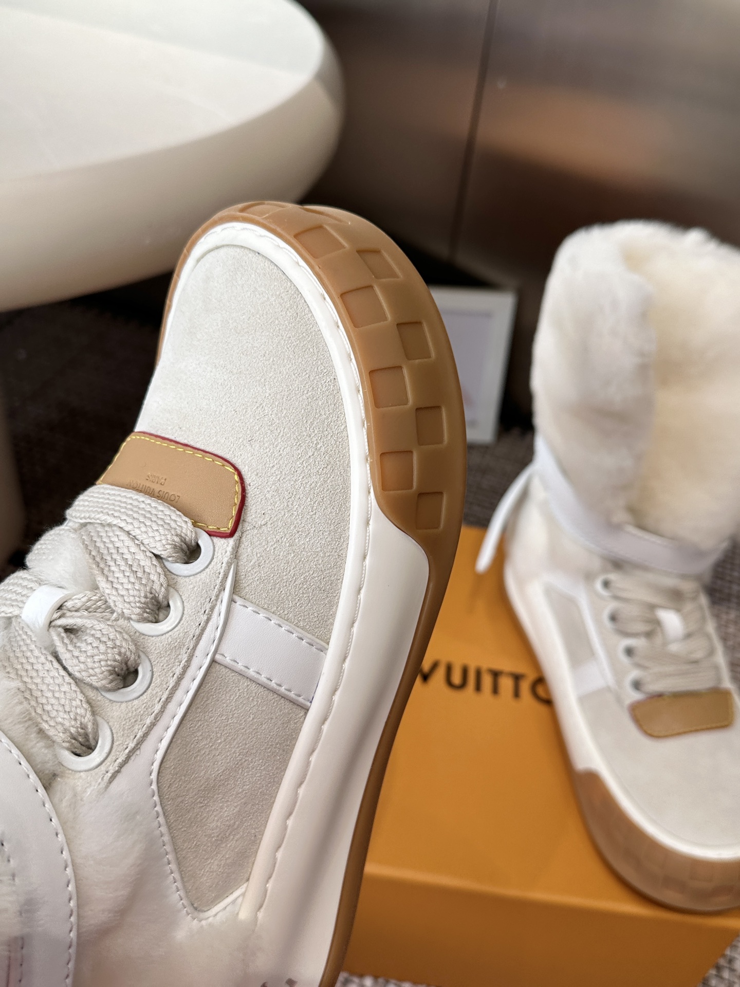 Louis Vuitton White Shearling High Top Sneakers