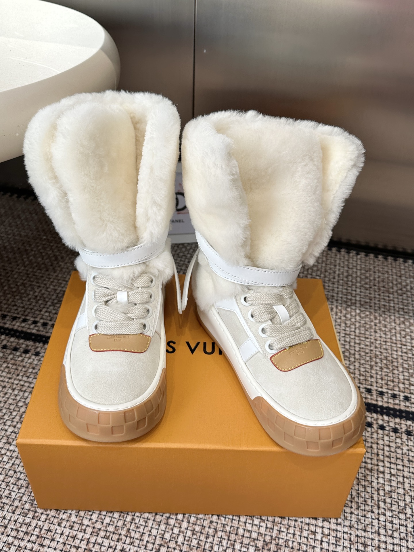 Louis Vuitton White Shearling High Top Sneakers