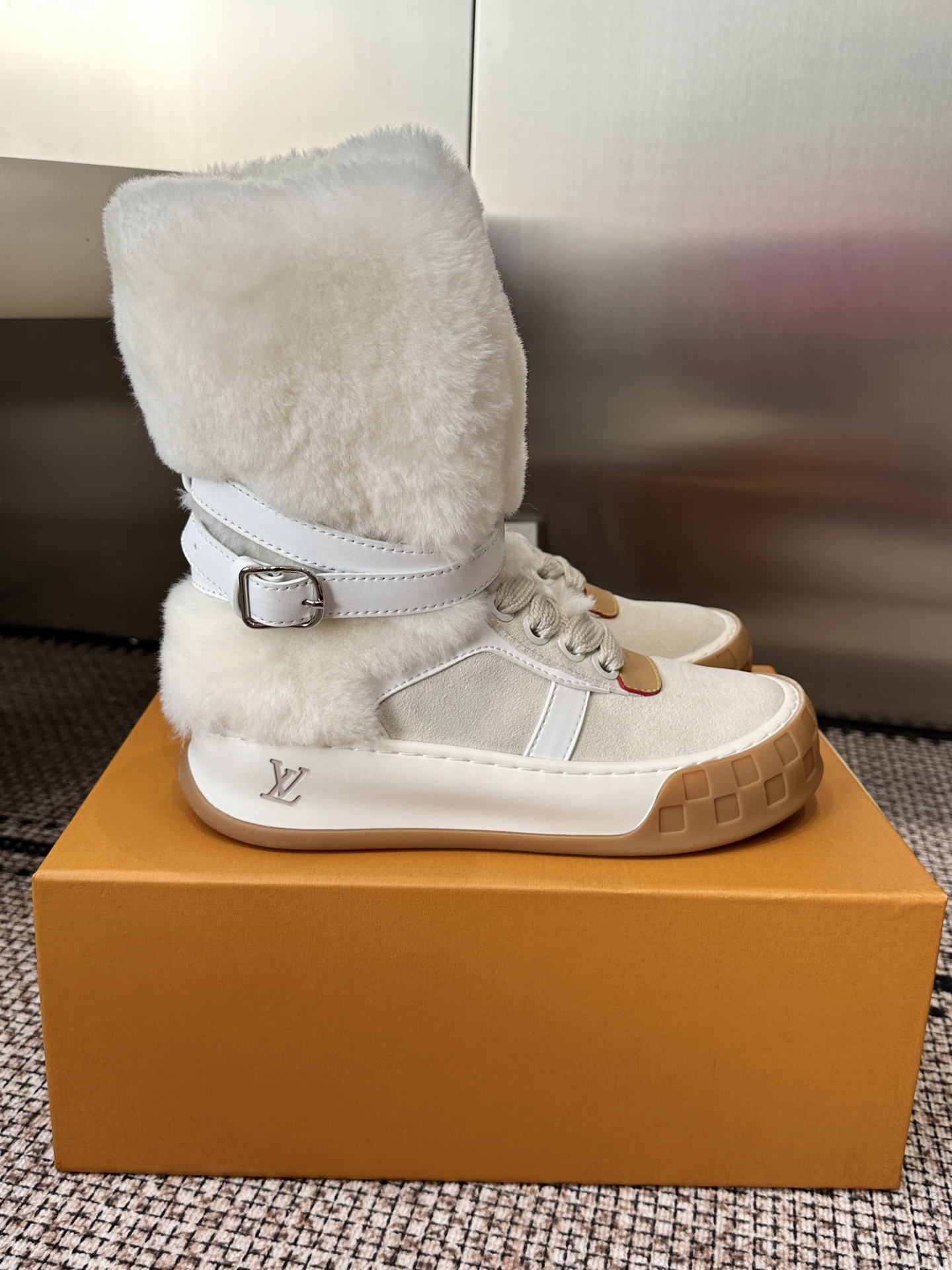 Louis Vuitton White Shearling High Top Sneakers