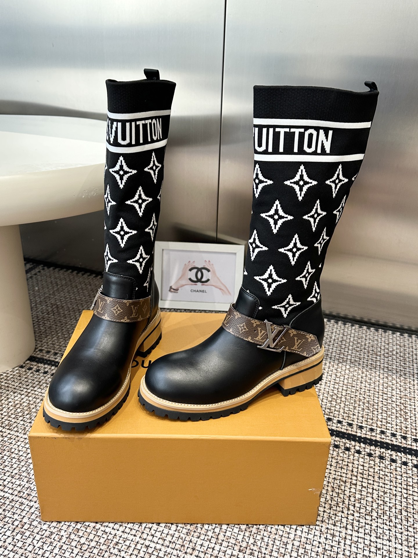 Louis Vuitton Black White Knit Monogram Knee Boots