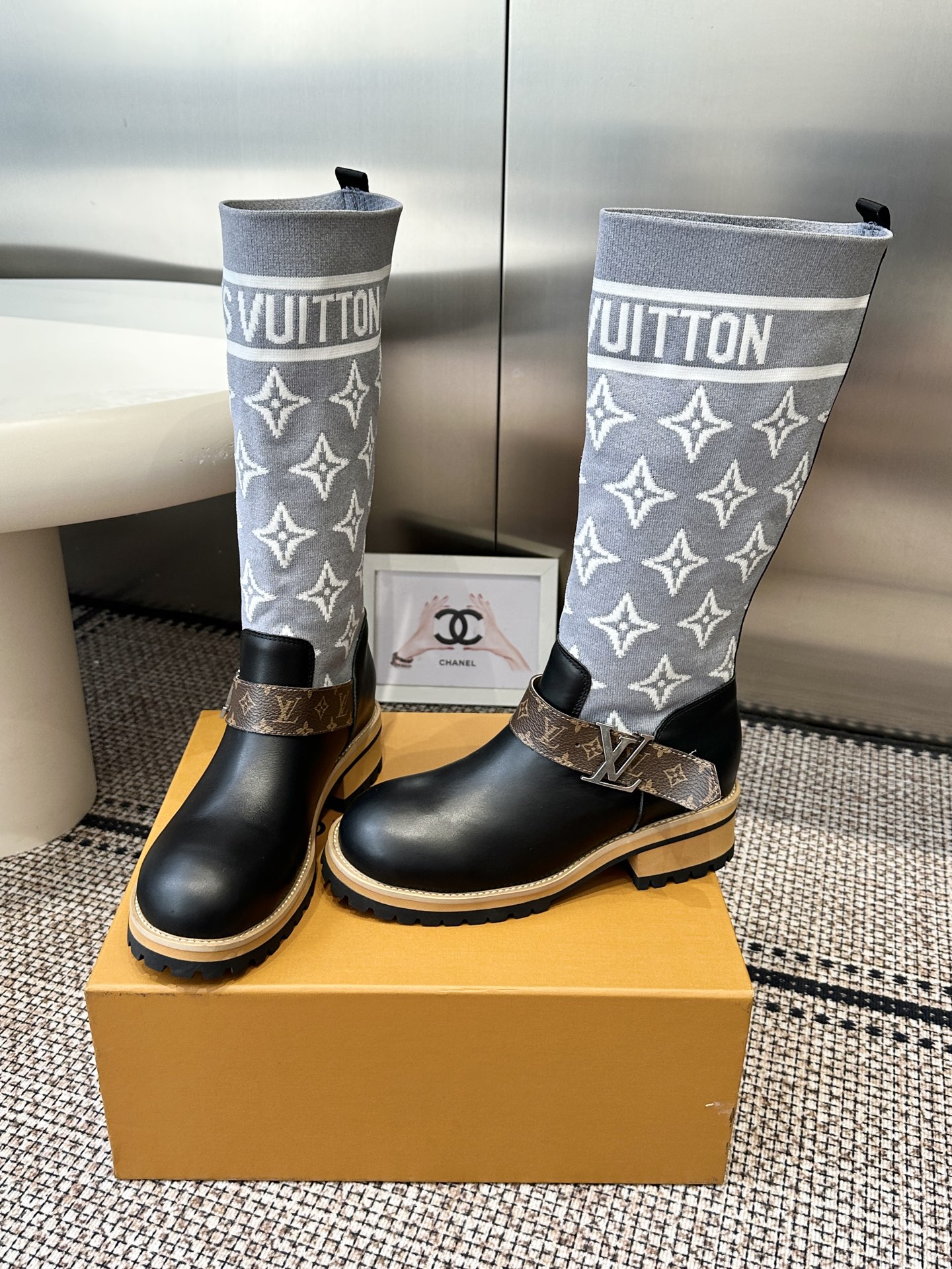 Louis Vuitton Gray Knit Monogram Knee Boots