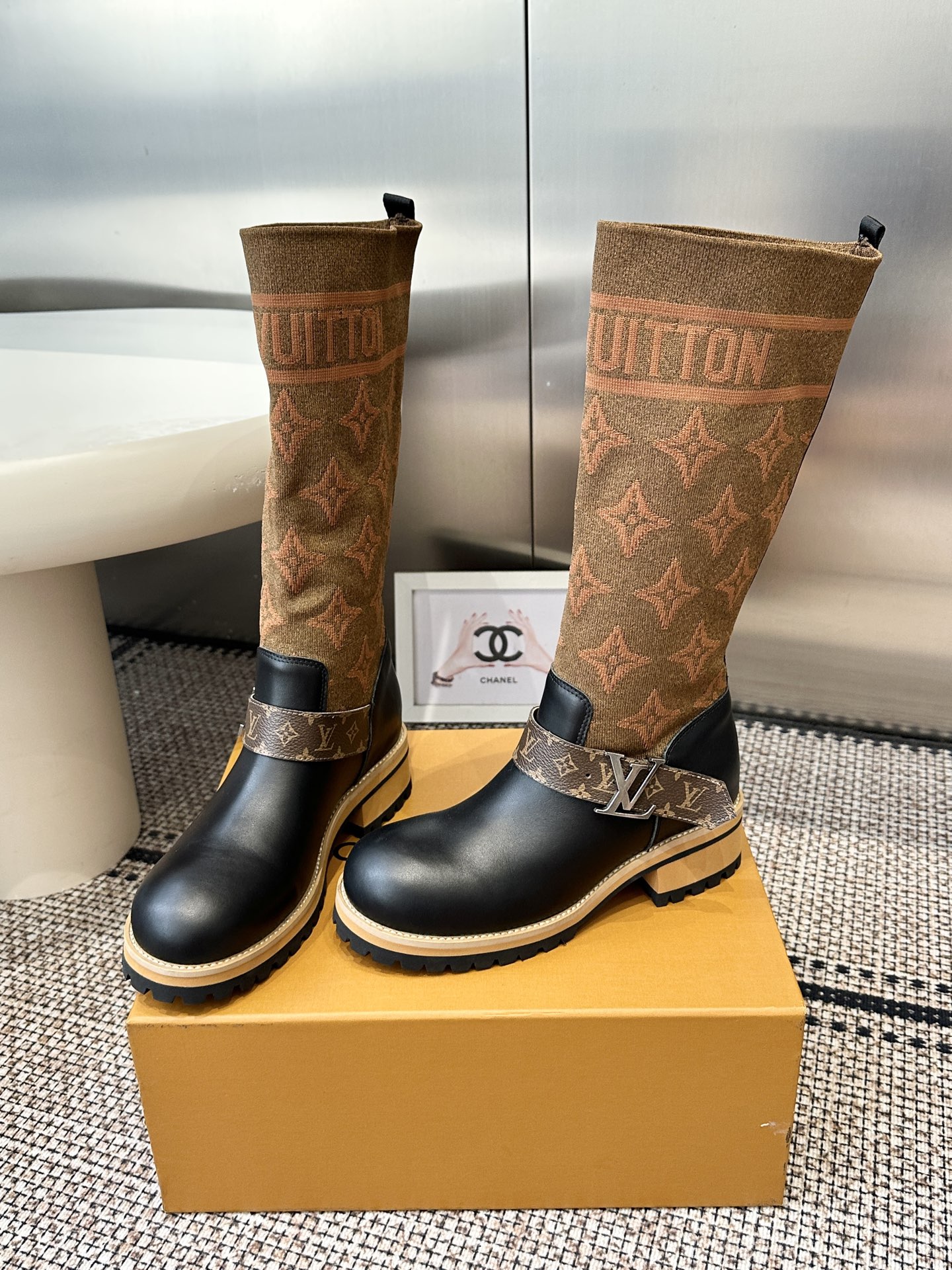 Louis Vuitton Brown Knit Monogram Knee Boots