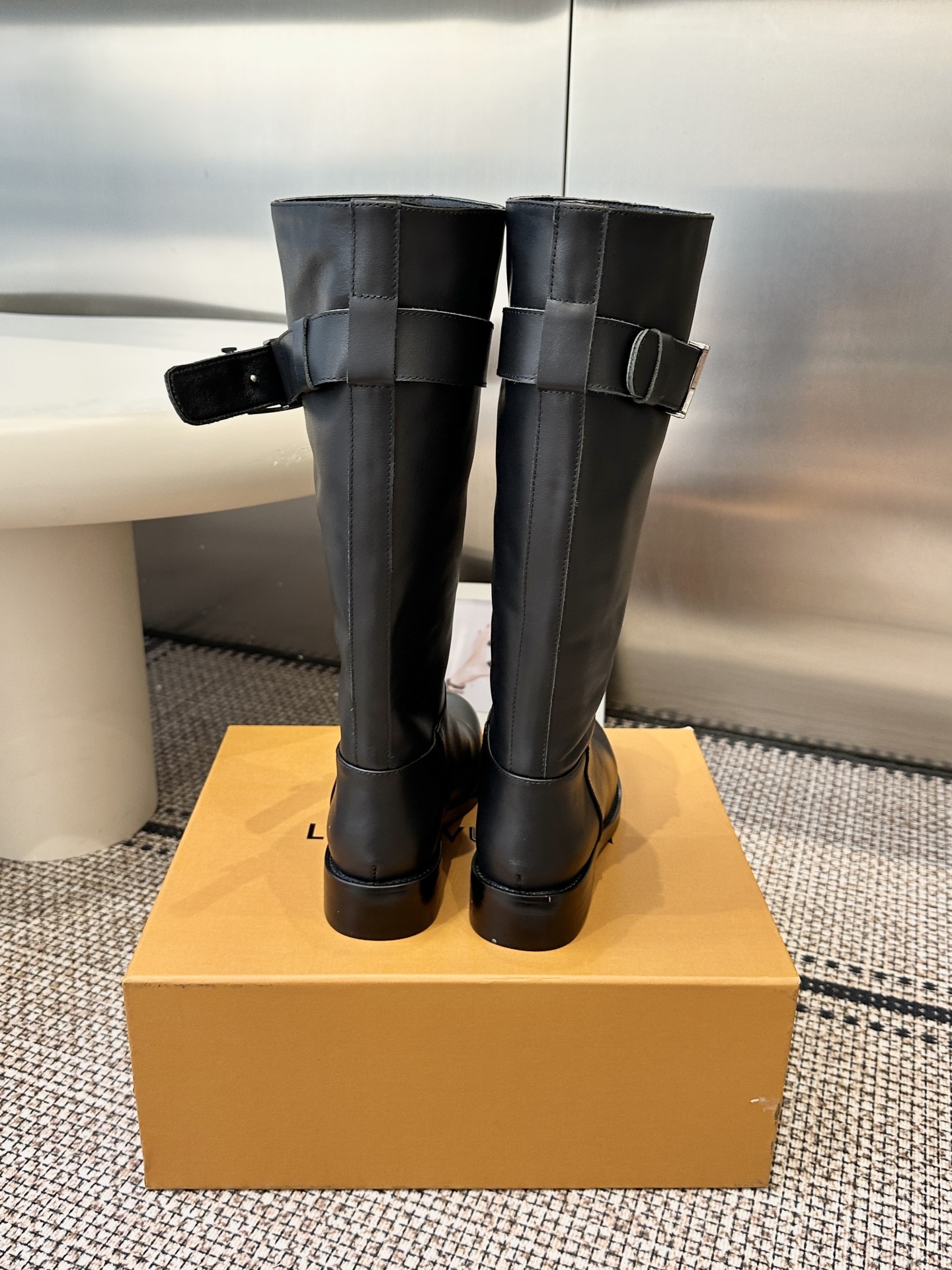 Louis Vuitton Black Leather Strap Knee Boots