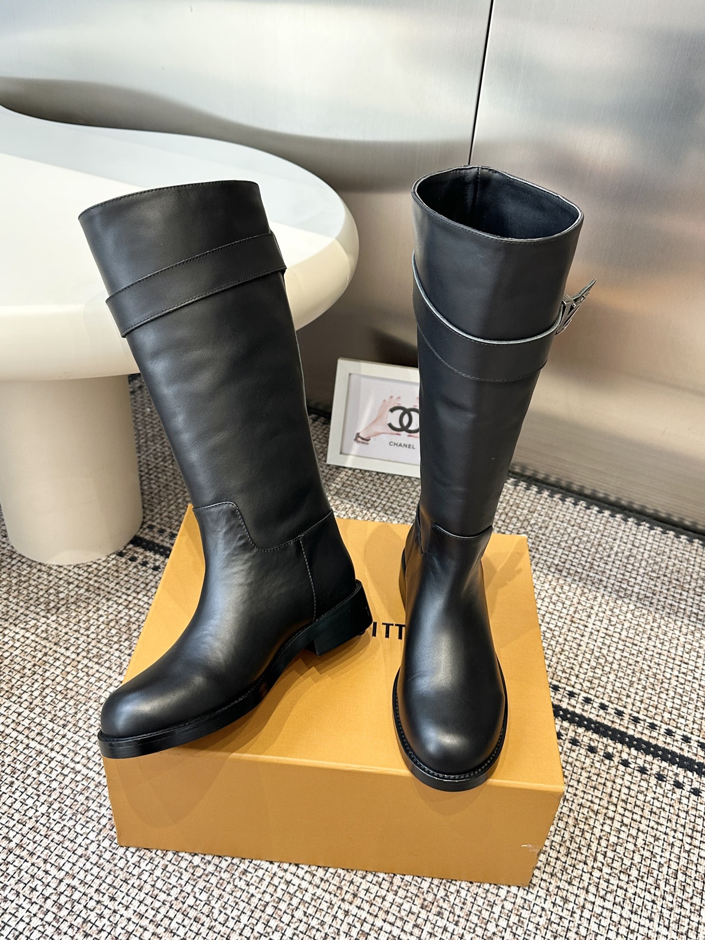 Louis Vuitton Black Leather Strap Knee Boots