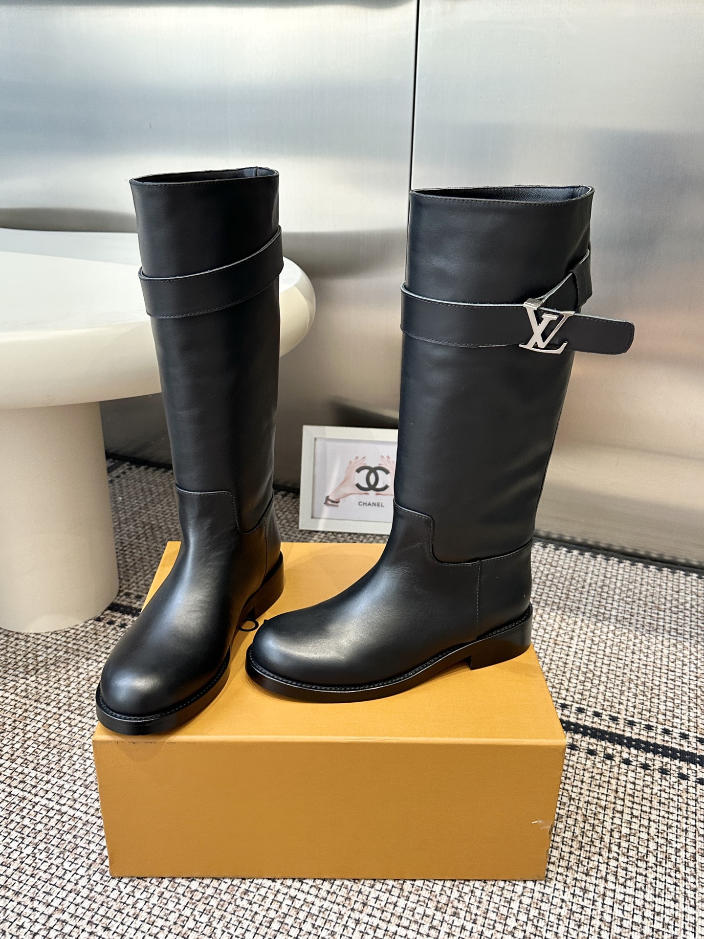 Louis Vuitton Black Leather Strap Knee Boots