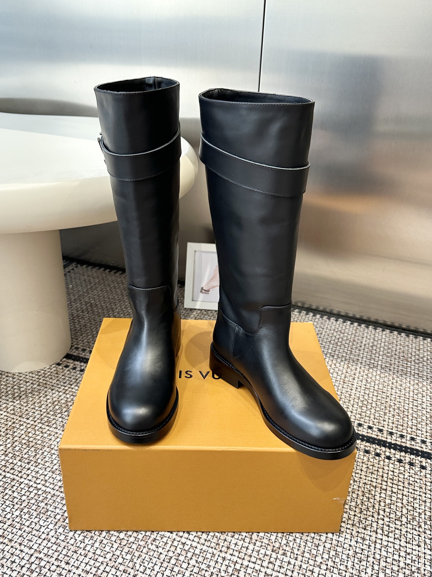 Louis Vuitton Black Leather Strap Knee Boots
