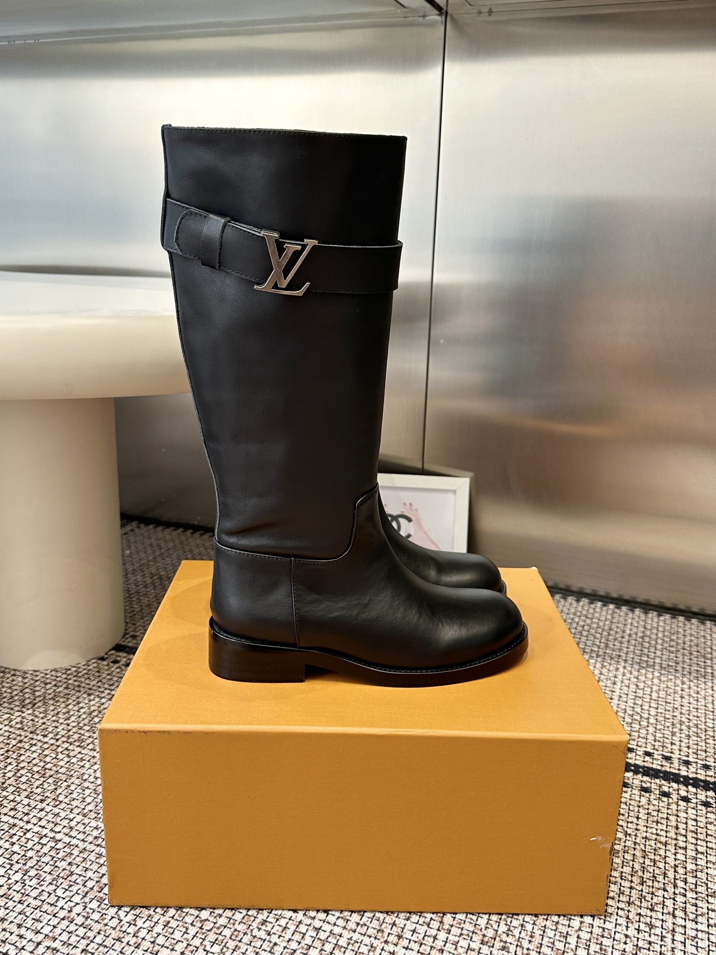 Louis Vuitton Black Leather Strap Knee Boots