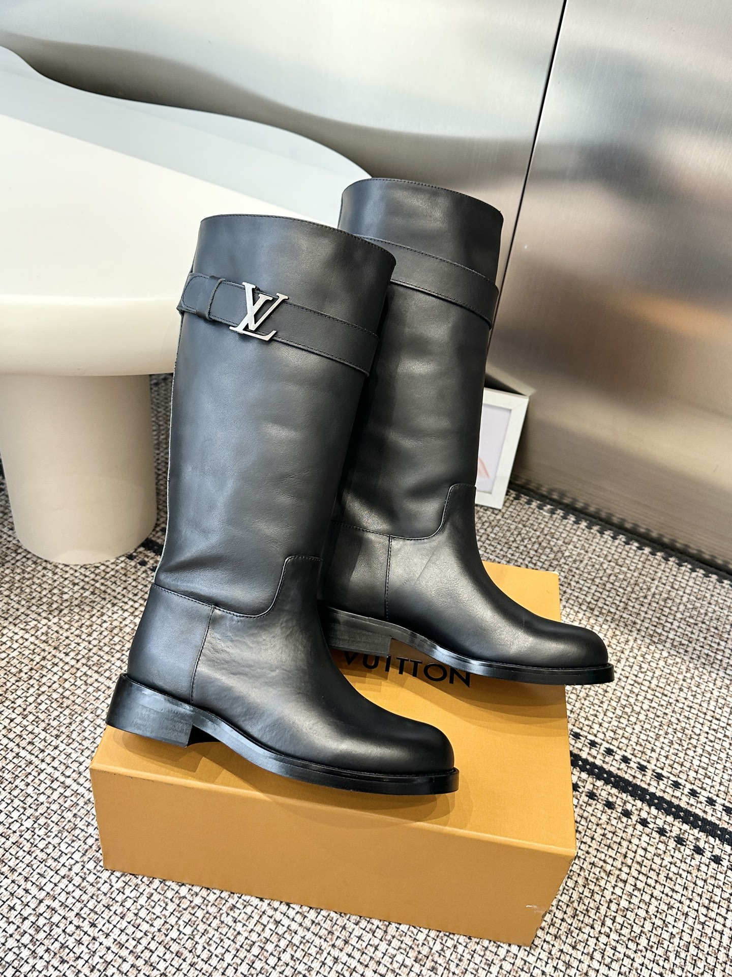 Louis Vuitton Black Leather Strap Knee Boots