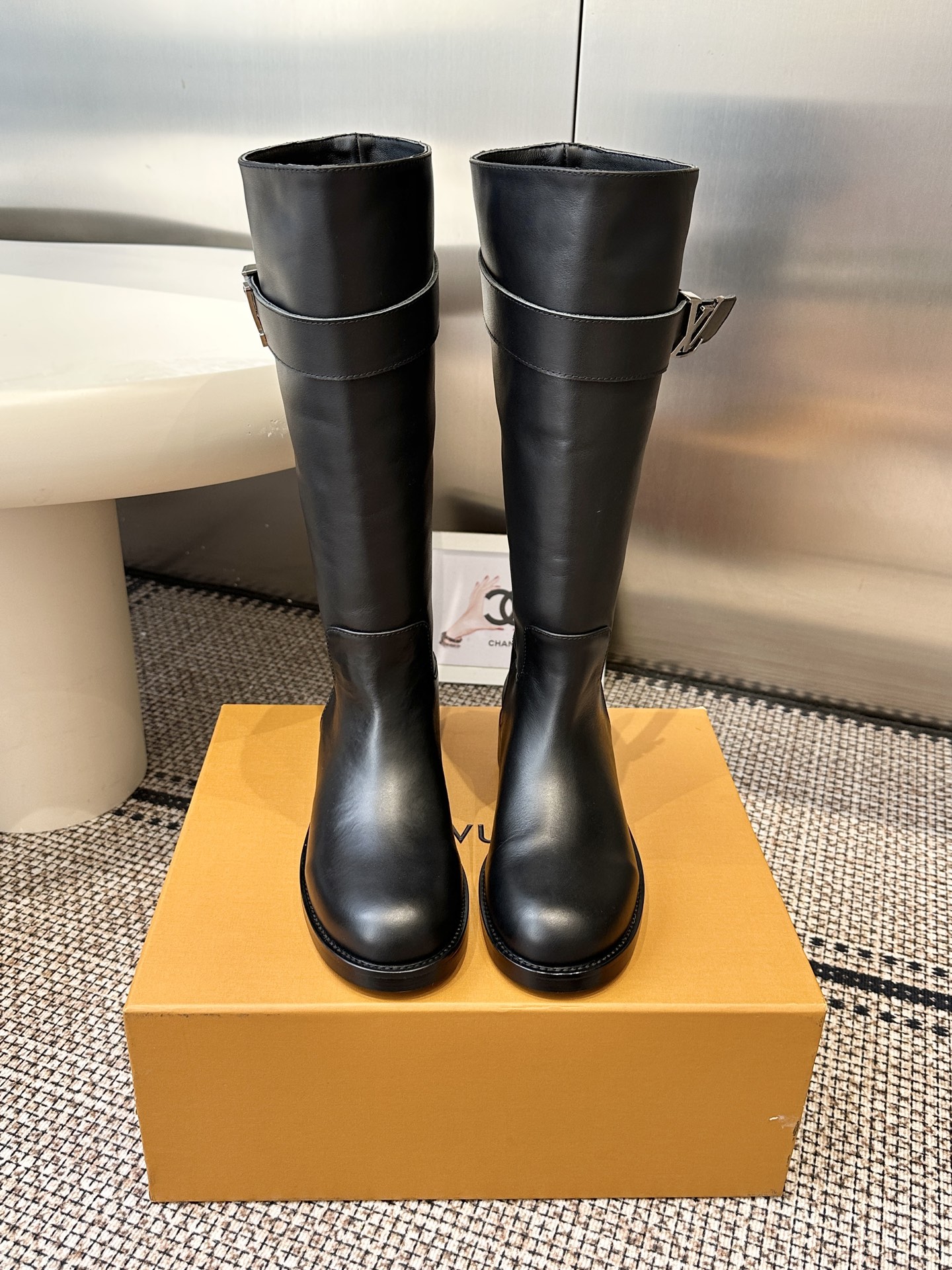 Louis Vuitton Black Leather Strap Knee Boots