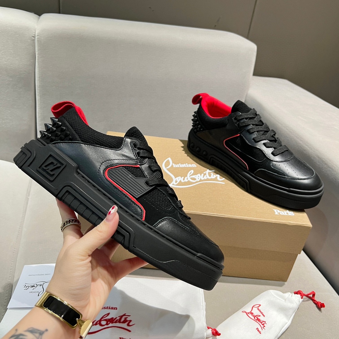 Christian Louboutin Shoes Sneakers Red Unisex Calfskin Chamois Cowhide Genuine Leather Knitting Rubber Fashion Quick Dry