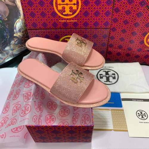 Tory Burch Flat Sandals Slides with Rhinestone Logo - Comfortable & Stylish 1 Tory Burch Flat Sandals Slides with Rhinestone Logo - Comfortable & Stylish
