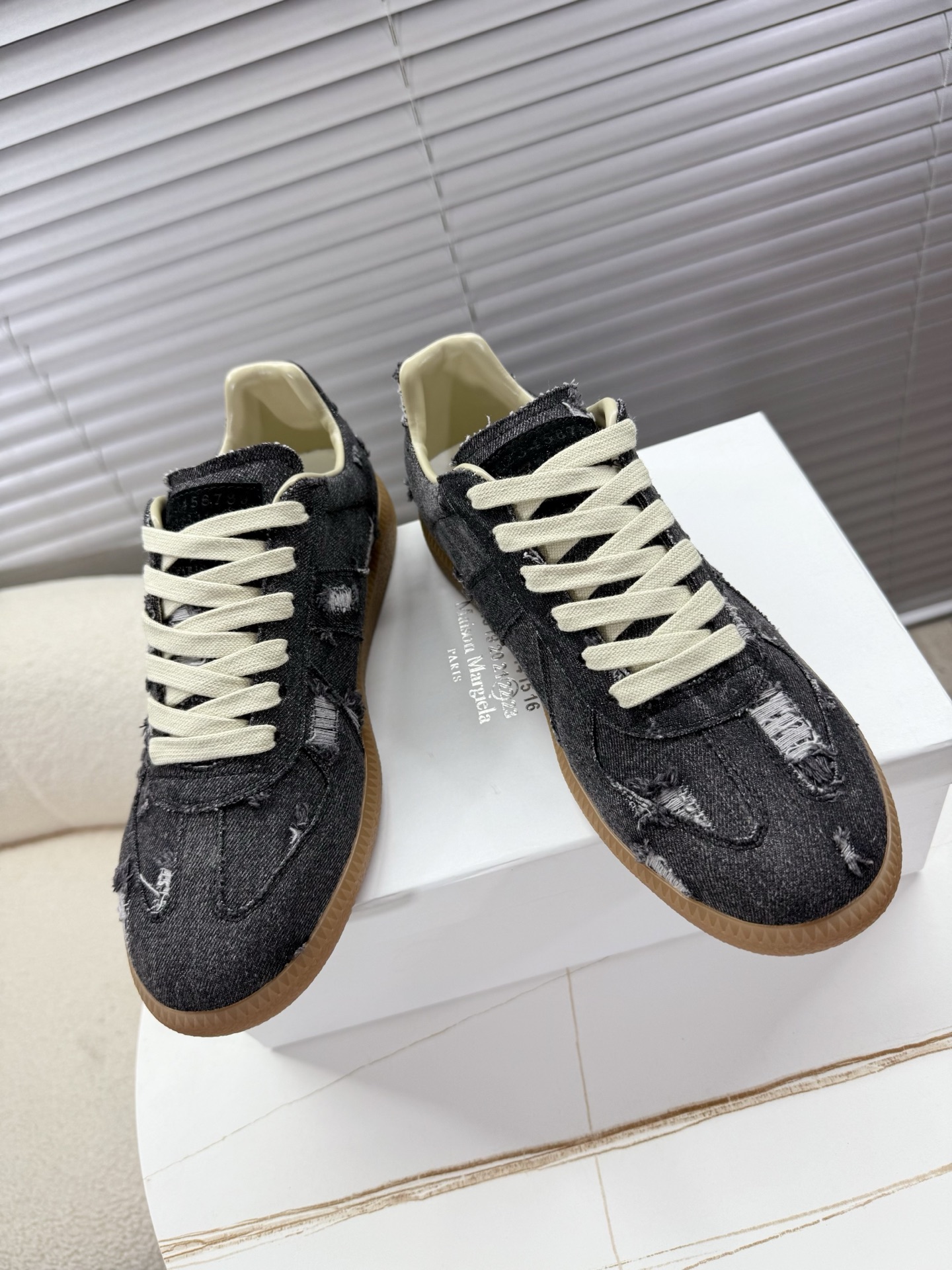 Maison Margiela MM6 Couples’ Shoes: Agam Sneakers in Original Sauerkraut Skin and Silver Velvet