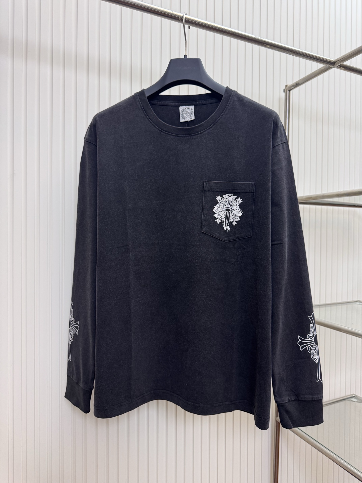 Chrome Hearts CH 克罗心Vintage十字架马蹄藤蔓宝剑水洗长袖T恤