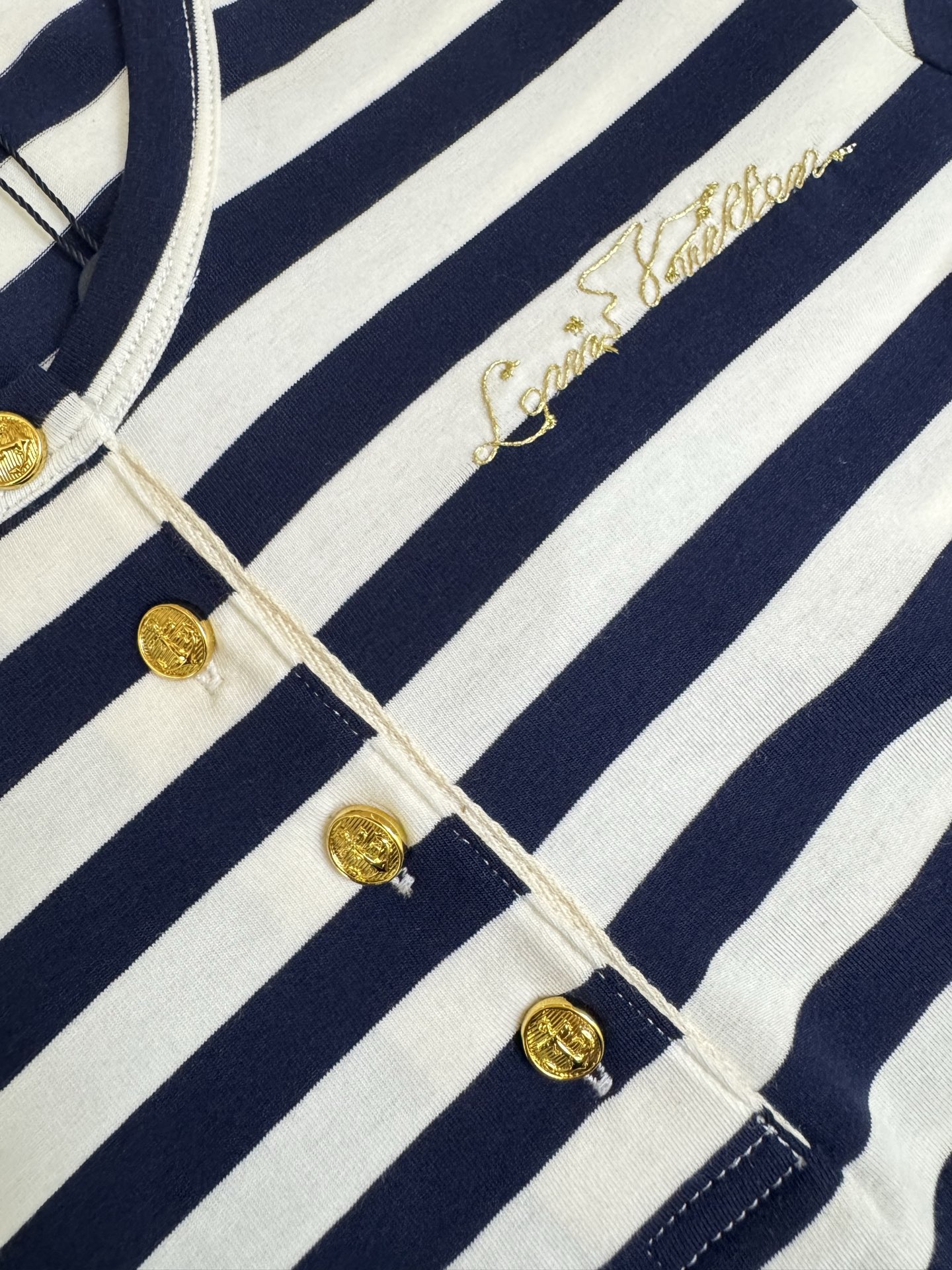 Louis Vuitton 1v 字母刺绣纽扣蓝白条纹短袖T恤女装