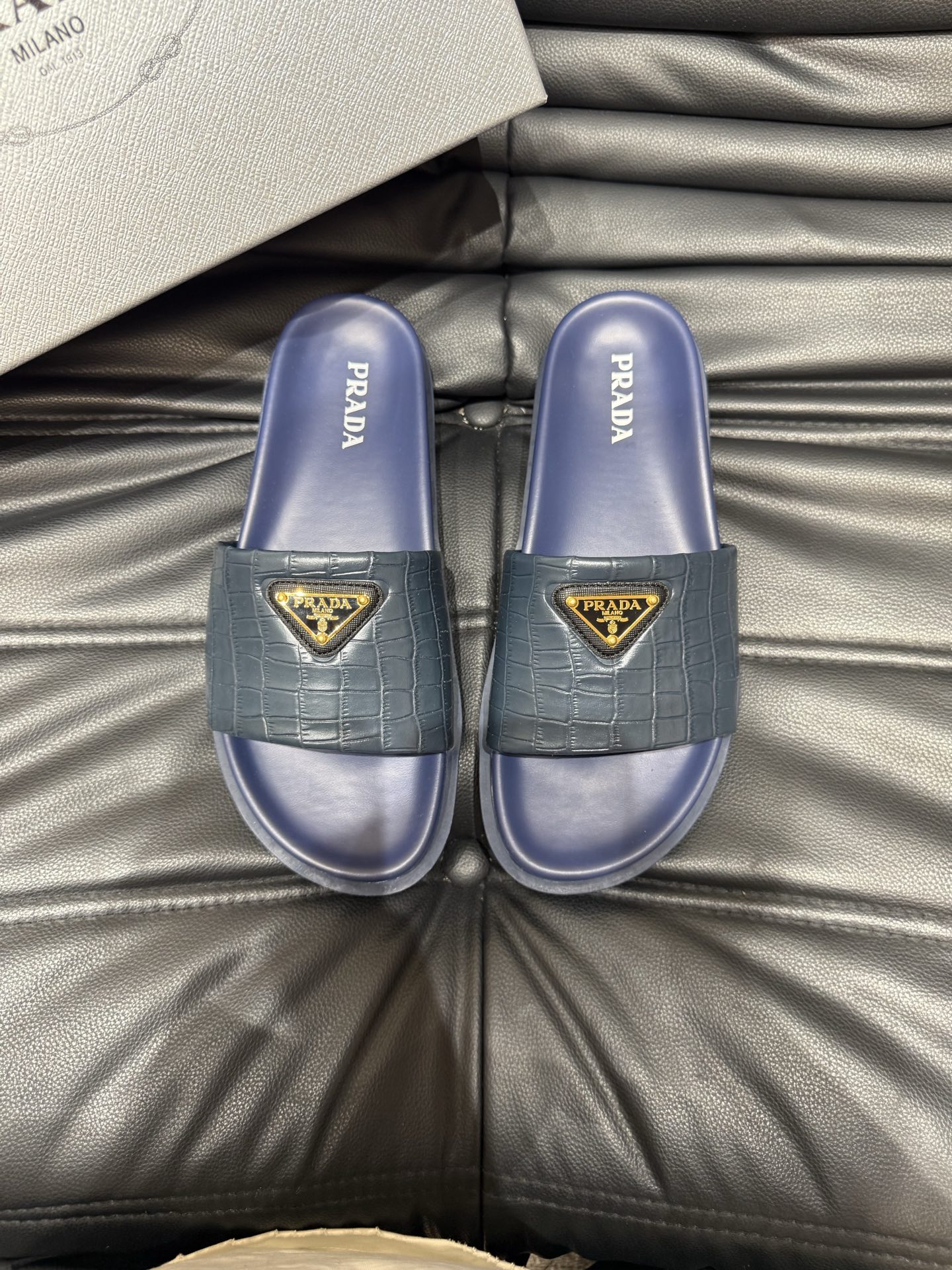 Prada Luxury Men's Slides Sandals Lambskin Leather Lightweight Durable