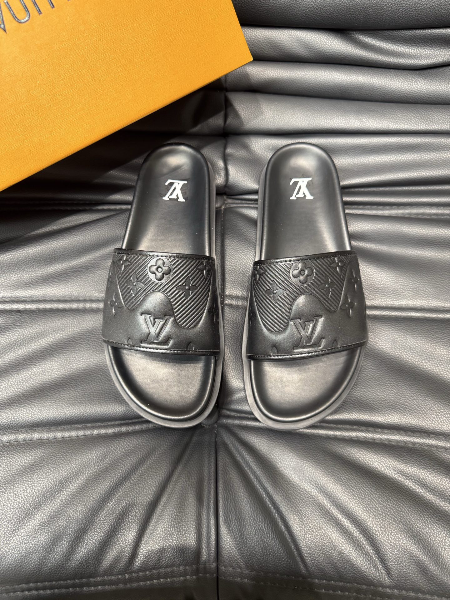 Louis Vuitton Men's Black Embossed Monogram Logo Pool Slides Sandals 1 Louis Vuitton Men's Black Embossed Monogram Logo Pool Slides Sandals