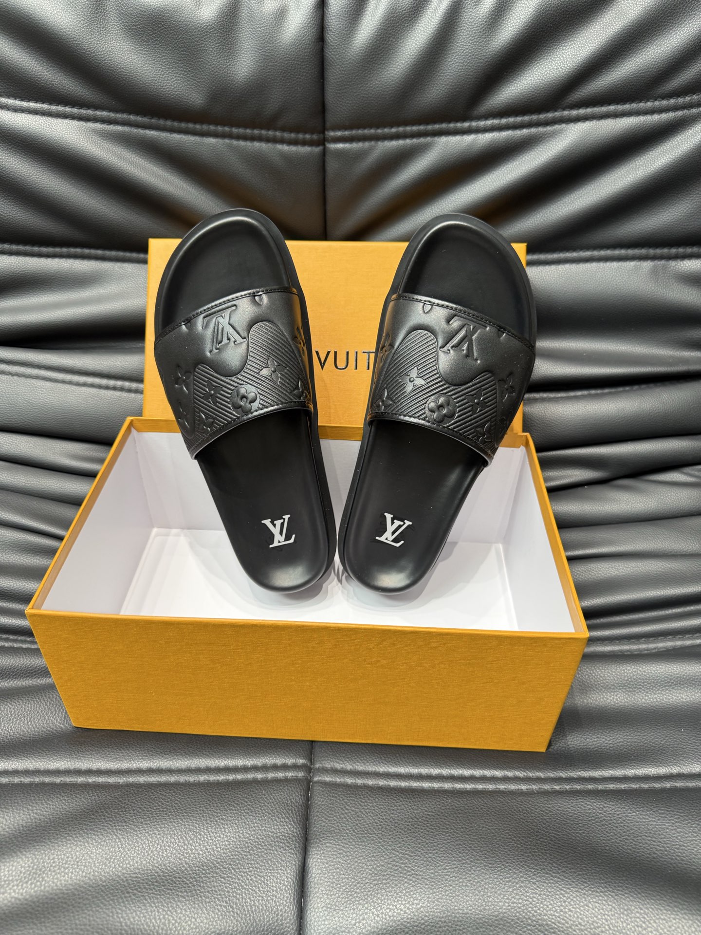 Louis Vuitton Men's Black Embossed Monogram Logo Pool Slides Sandals 5 i1744005328911 12 0 3