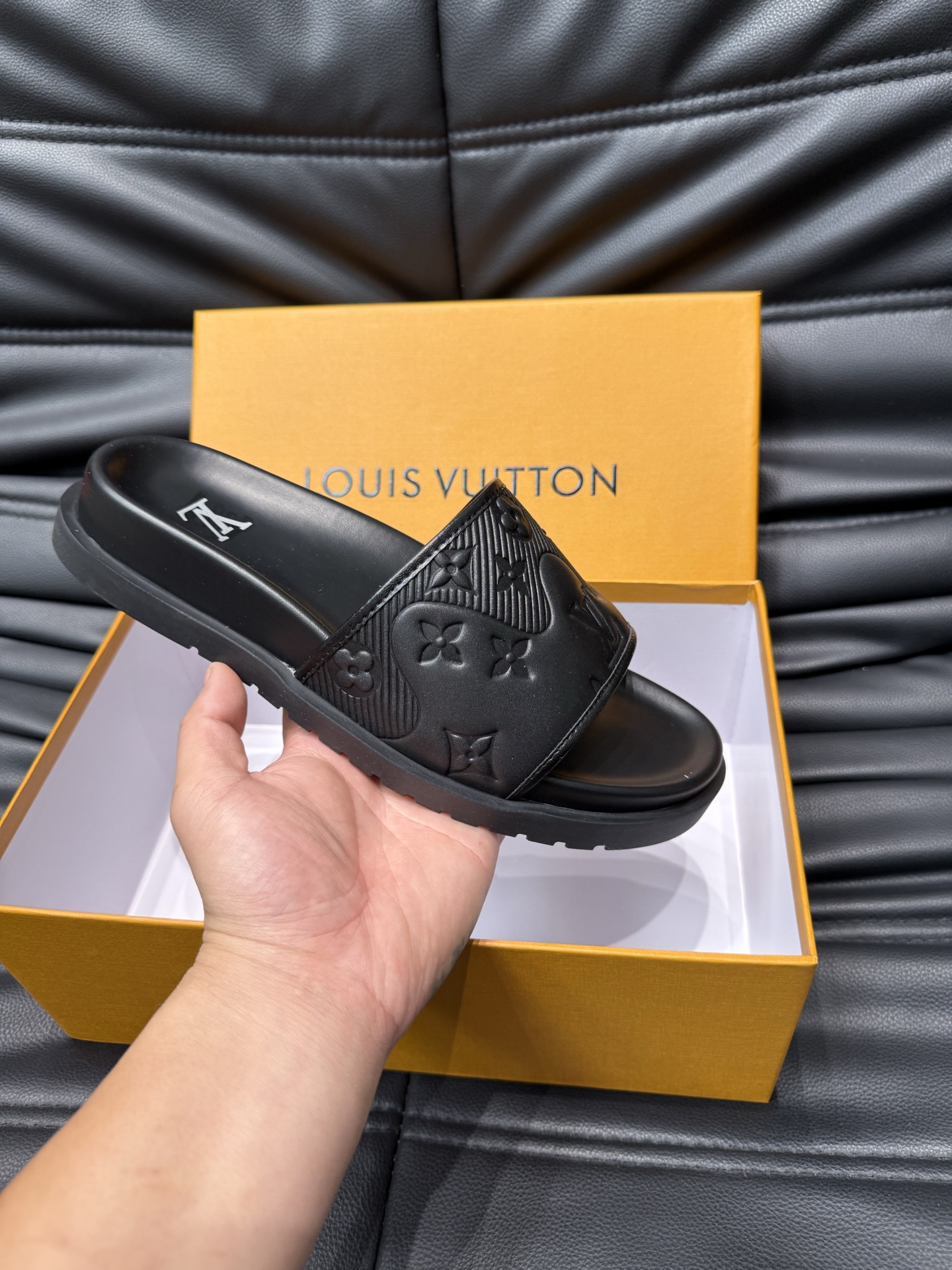 Louis Vuitton Men's Black Embossed Monogram Logo Pool Slides Sandals 7 i1744005335971 676 0 5