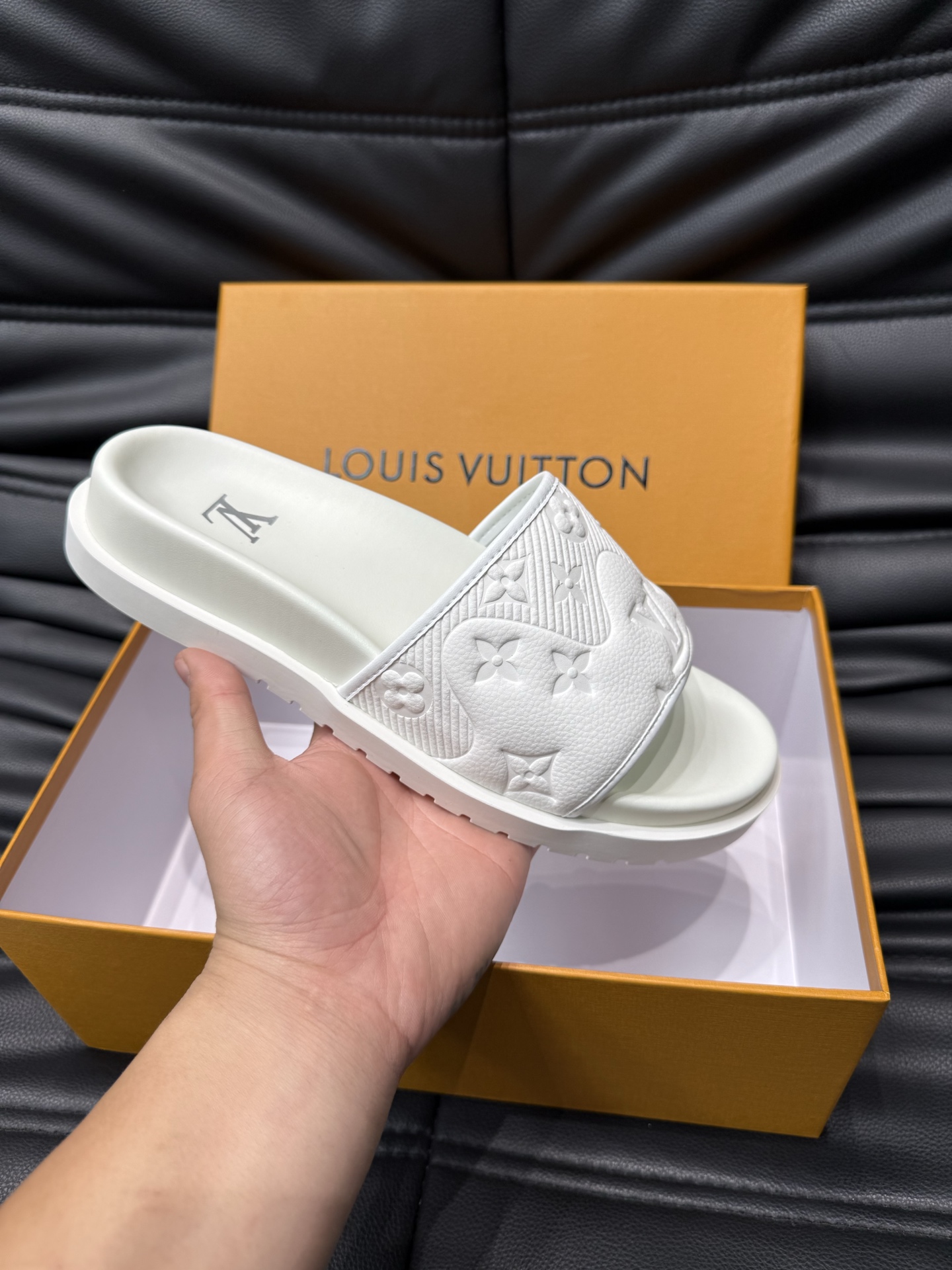 Louis Vuitton White Embossed Rubber Lock It Flat Mules Slides Sandals 7 i1744005787144 1797 0 5