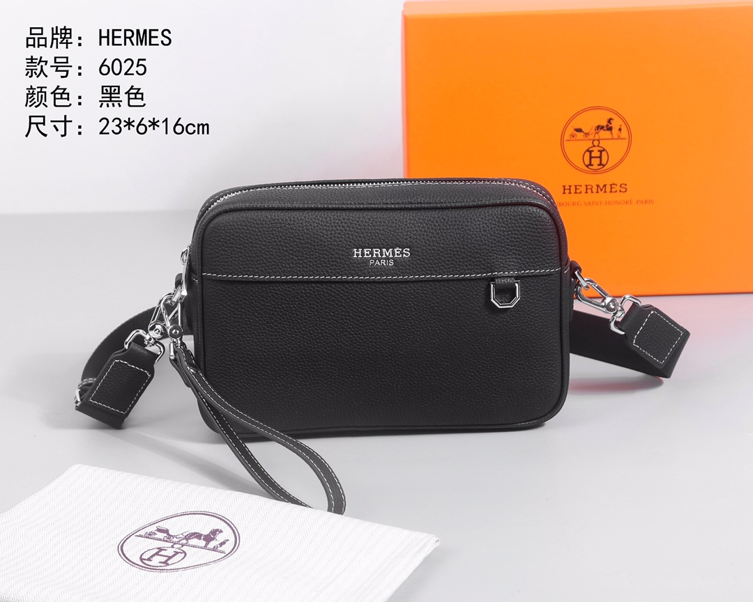 Hermès heren cameratas, zwart leer, veelzijdige crossbody tas - Model 6025 (23x6x16 cm)
