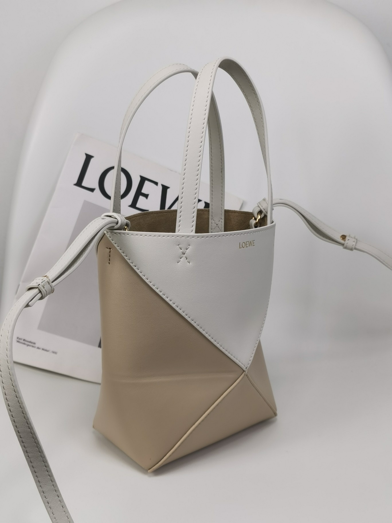 Loewe Puzzle Fold Mini Bag Tote in Shiny Nappa Calfskin Leather,White/Tan 3 a1703315256140 6434