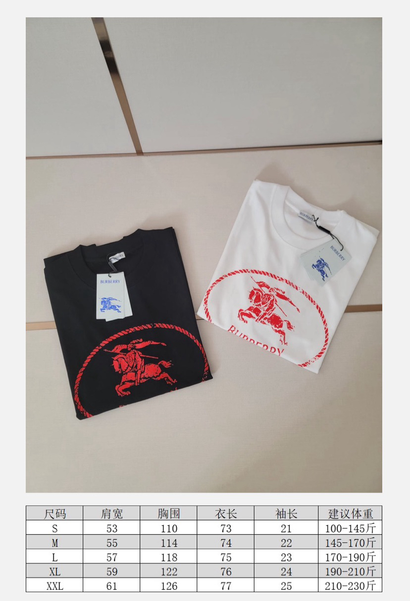  巴宝莉新款战马T恤 双层螺纹领口 肩部通肩压条 280克纯棉面料舒适透气 黑白双色 男女同款 码数S-