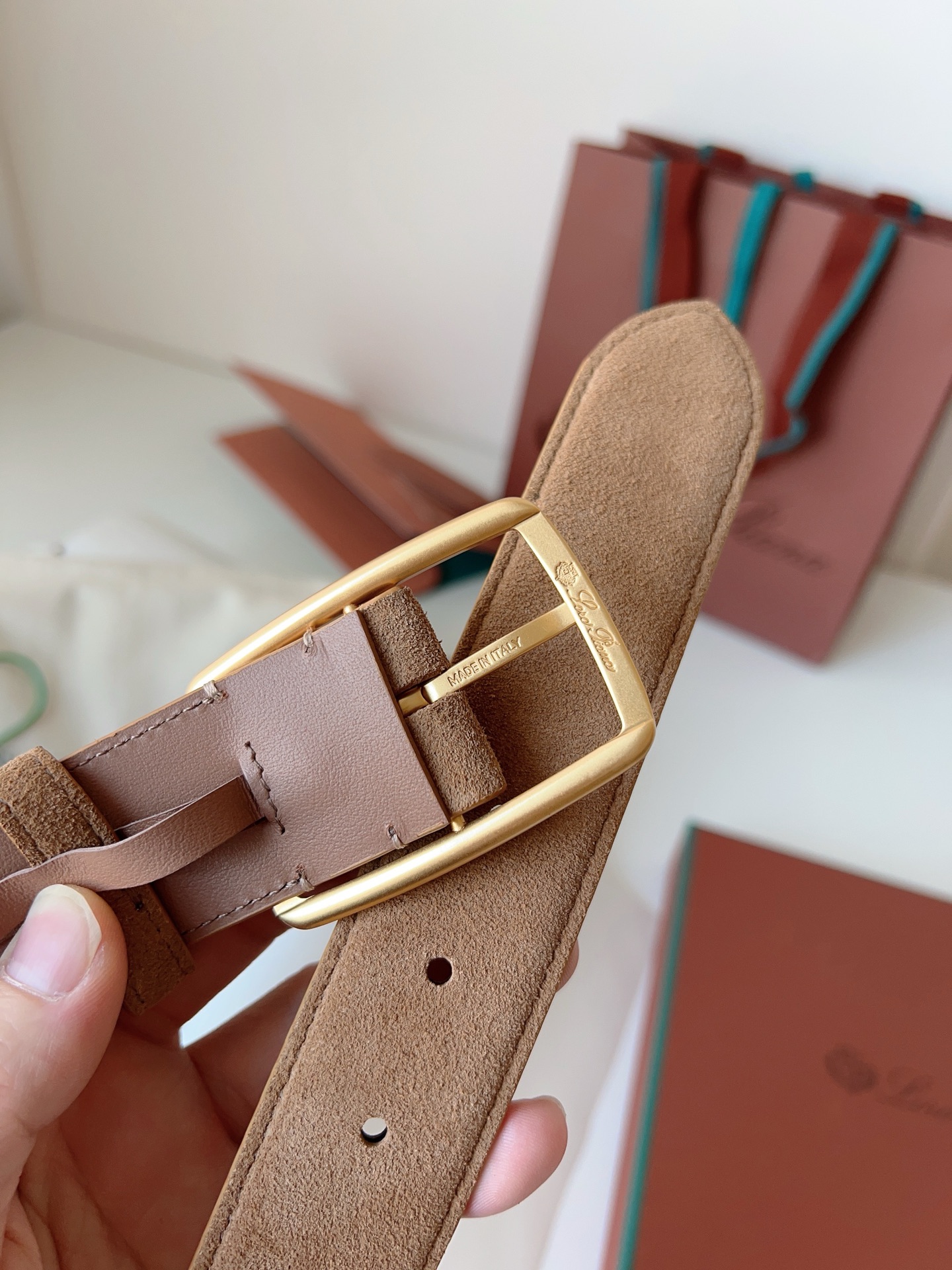 Loro Piana Suede Belt with Gold Buckle, Elegant Handmade Leather Belts for Women 9 i1742055398341 2062 0 8
