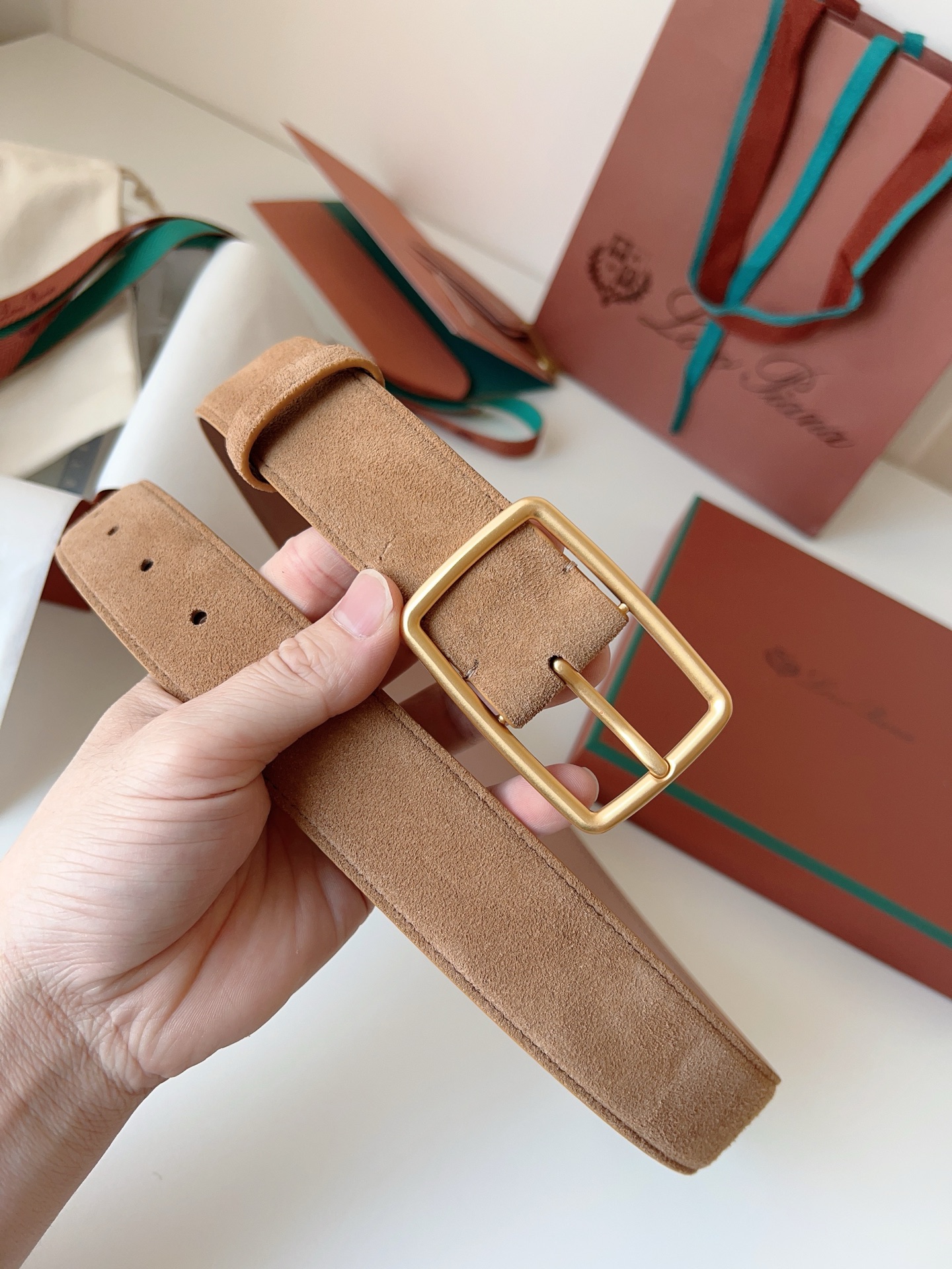 Loro Piana Suede Belt with Gold Buckle, Elegant Handmade Leather Belts for Women 7 i1742055398341 2255 0 6