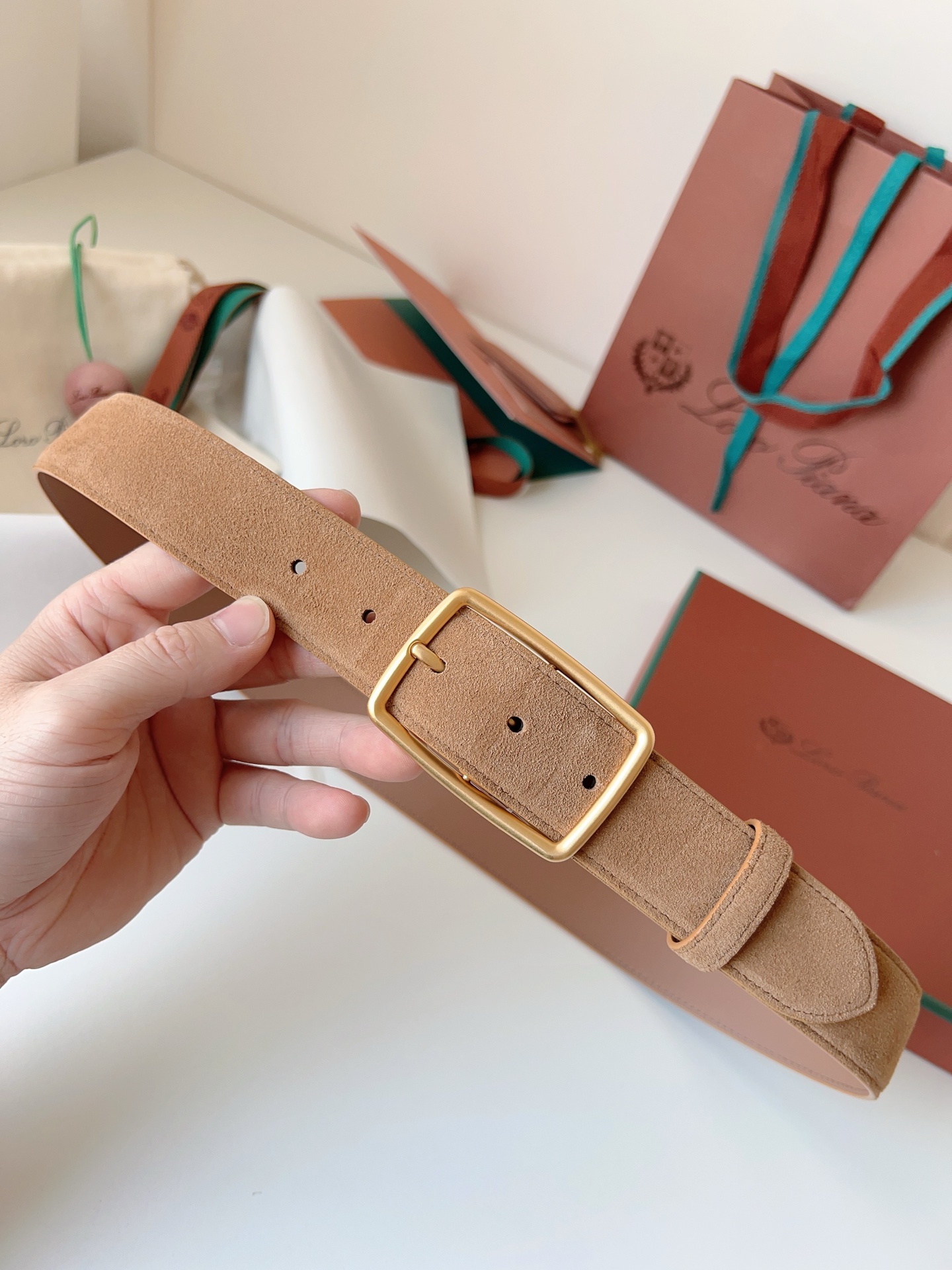 Loro Piana Suede Belt with Gold Buckle, Elegant Handmade Leather Belts for Women 8 i1742055404933 603 0 7